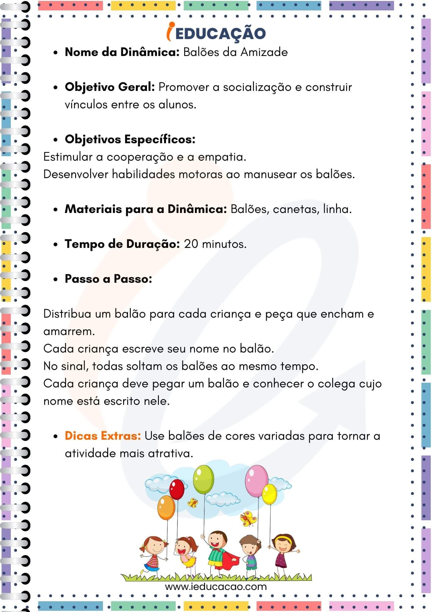 Dinâmicas para o Primeiro Dia de Aula - Educação Infantil  - Dinâmica Balões da Amizade