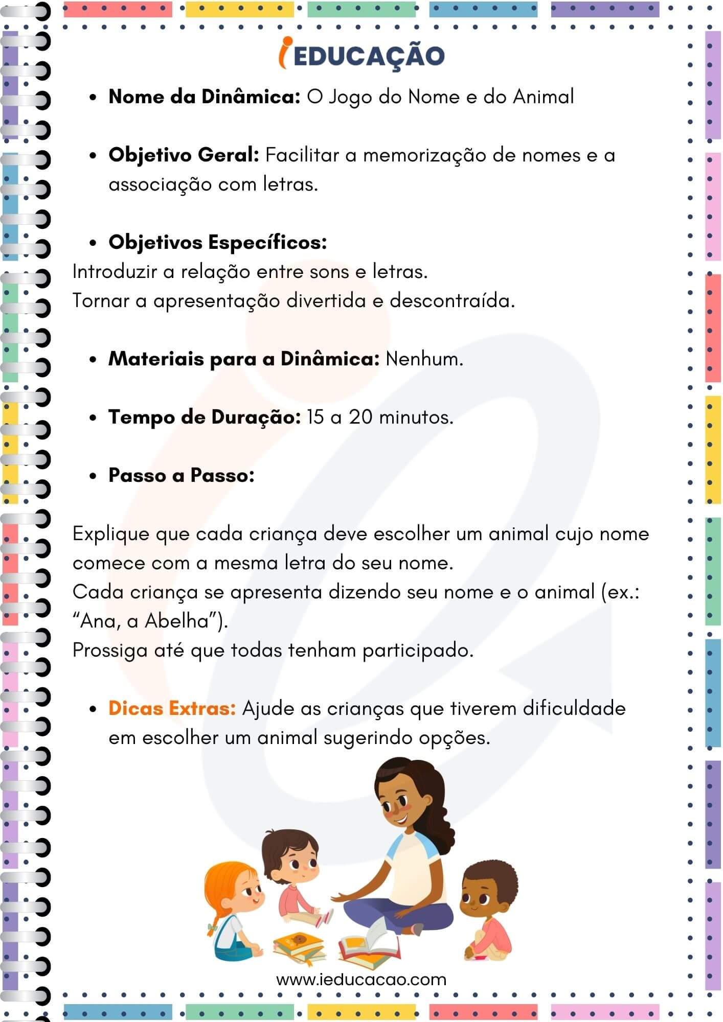 Dinâmicas para o Primeiro Dia de Aula - Educação Infantil  - Dinâmica Letras iniciais com Animais