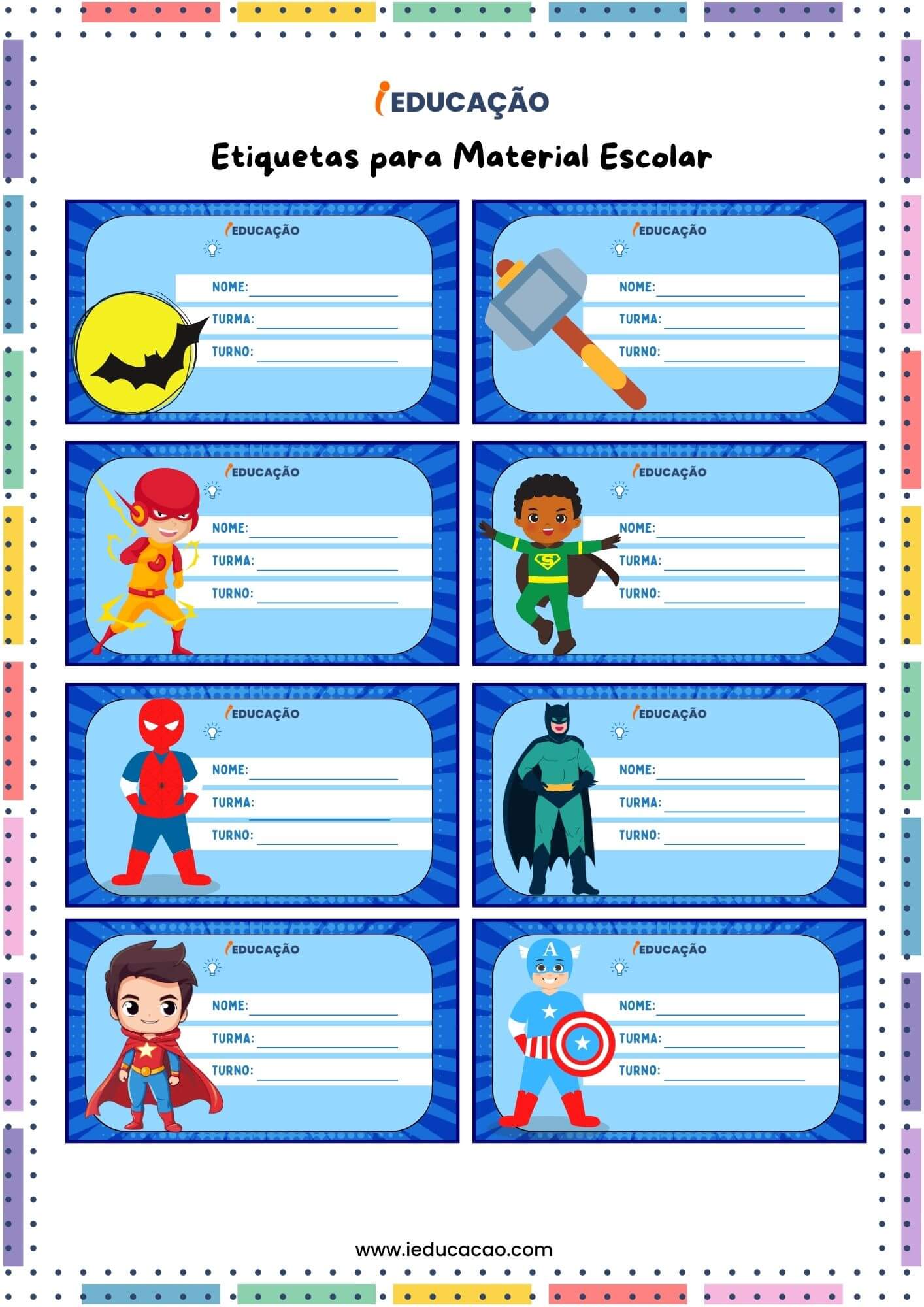 Etiquetas para Material Escolar- Adesivo de Material Escolar- Tema Heroi