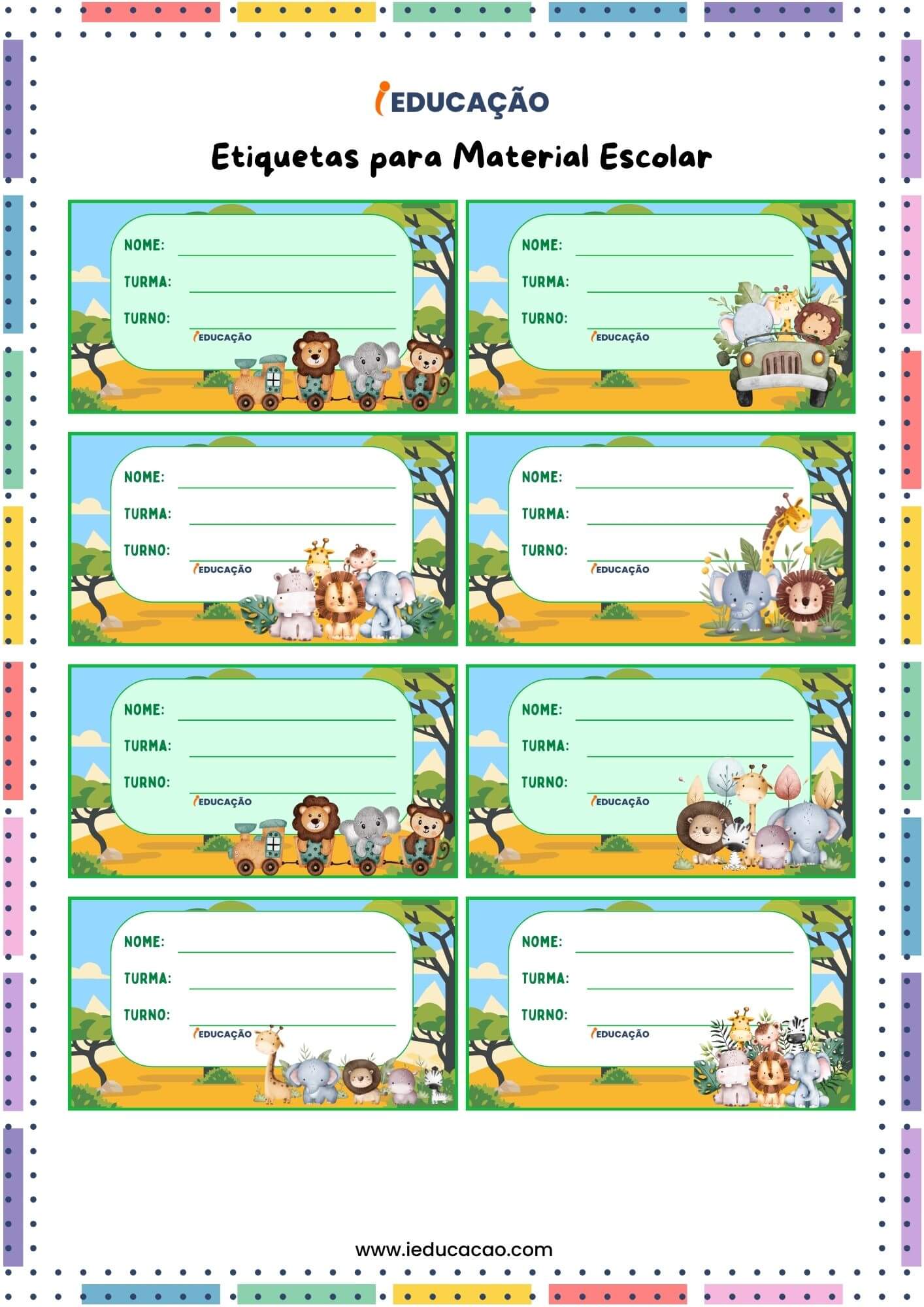 Etiquetas para Material Escolar- Adesivos Safari para Imprimir