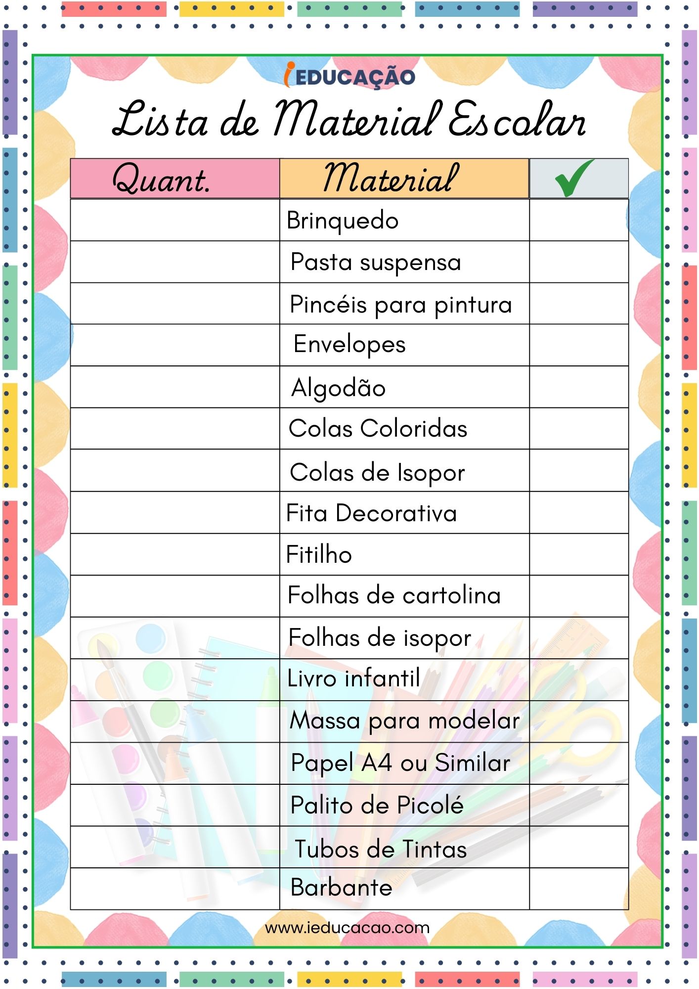 Lista de Material Escolar  para Educação Infantil 2025 Educação Infantil - Lista de Materiais Escolares para preencher.jpg