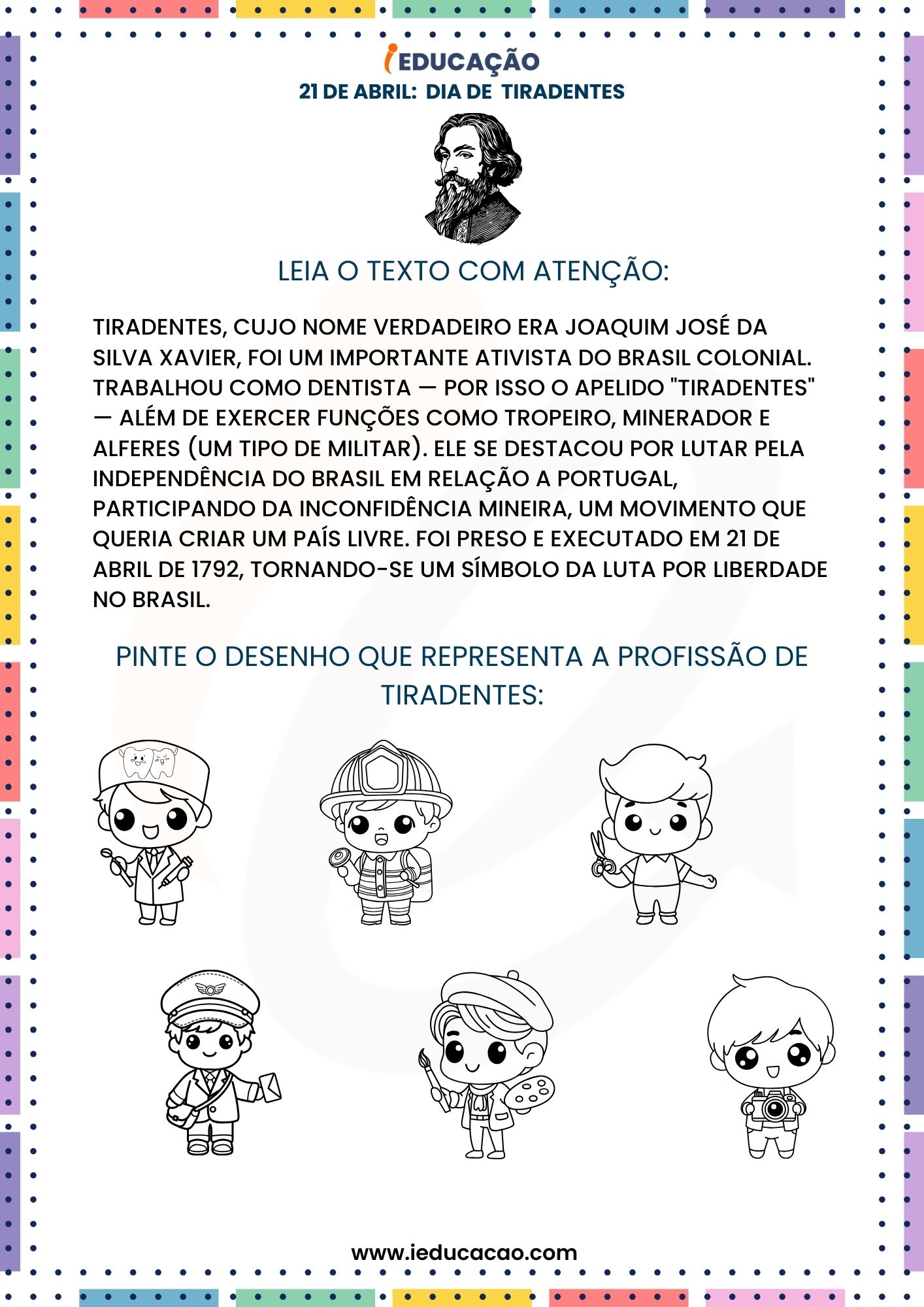 Atividades Dia de Tiradentes para Educação Infantil - iEducação Atividade Sobre Tiradentes para Educação Infantil