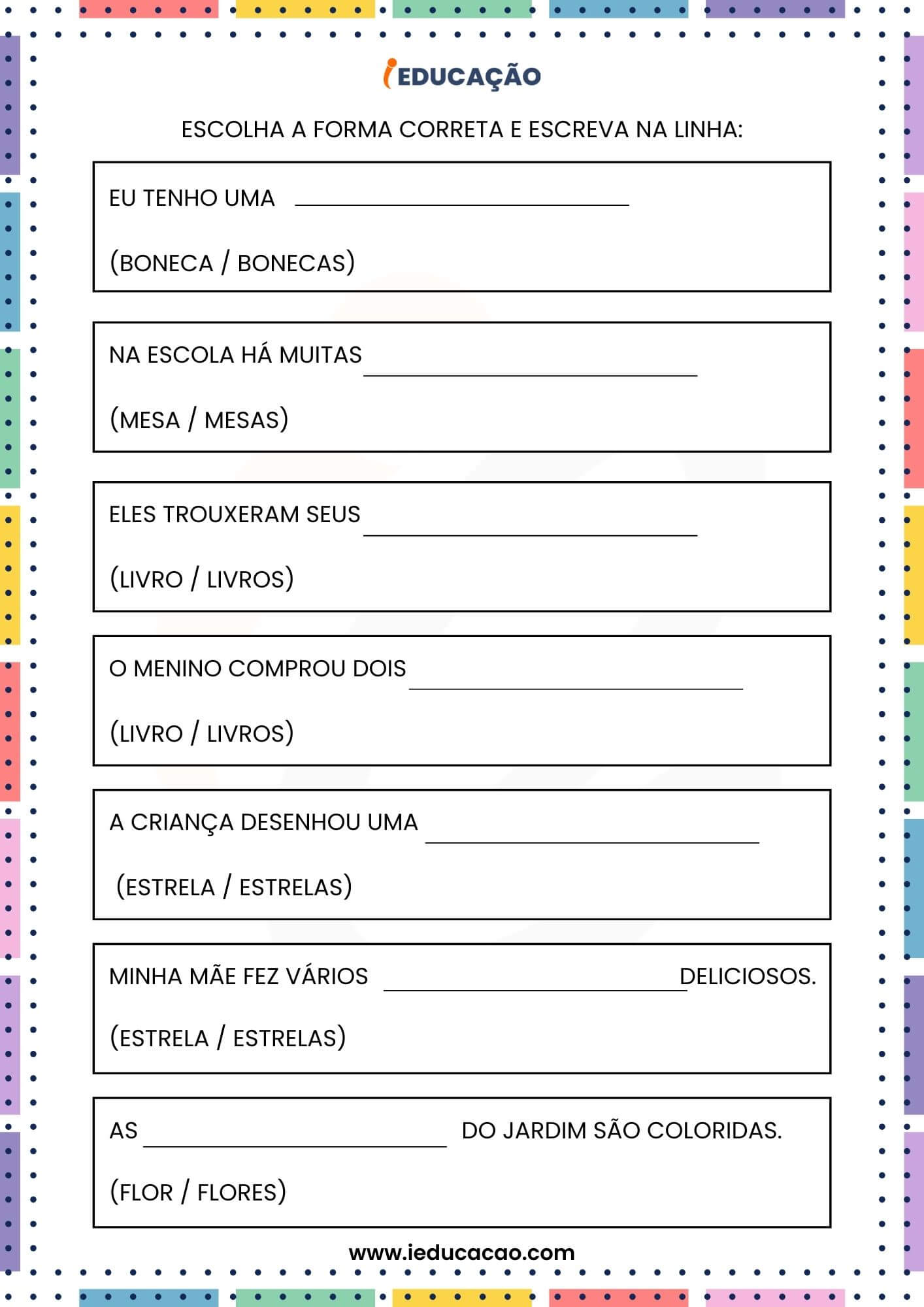 Atividades de Alfabetização 3° Ano para Imprimir com PDF Grátis - iEducação Atividades de Alfabetização 3º Ano - Atividade de Escrita Plural e Singular