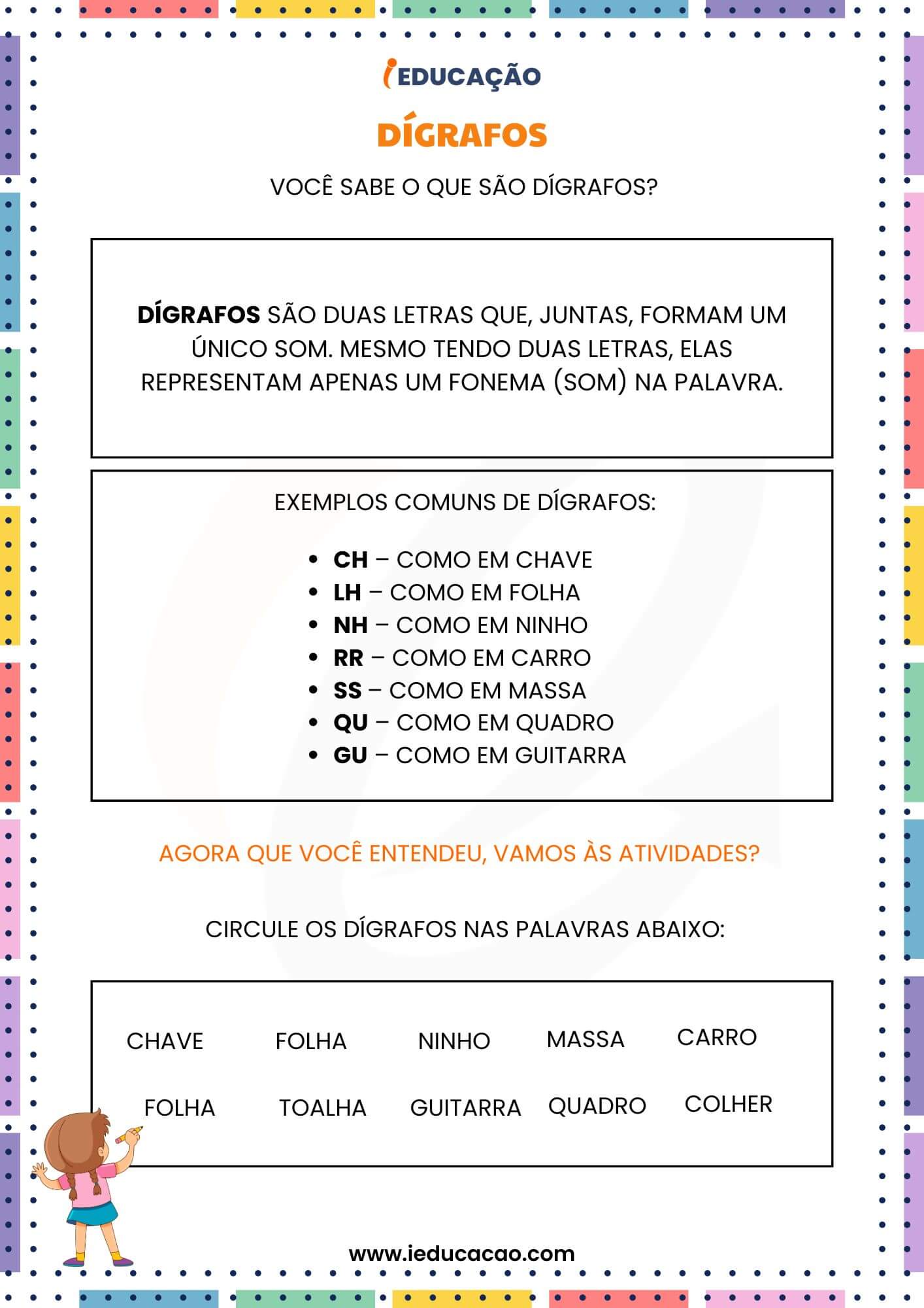 Atividades de Alfabetização 3° Ano para Imprimir com PDF Grátis - iEducação Atividades de Alfabetização 3º Ano - Atividade de Português para o 3º ano Sobre Dígrafos com Sílabas Complexas