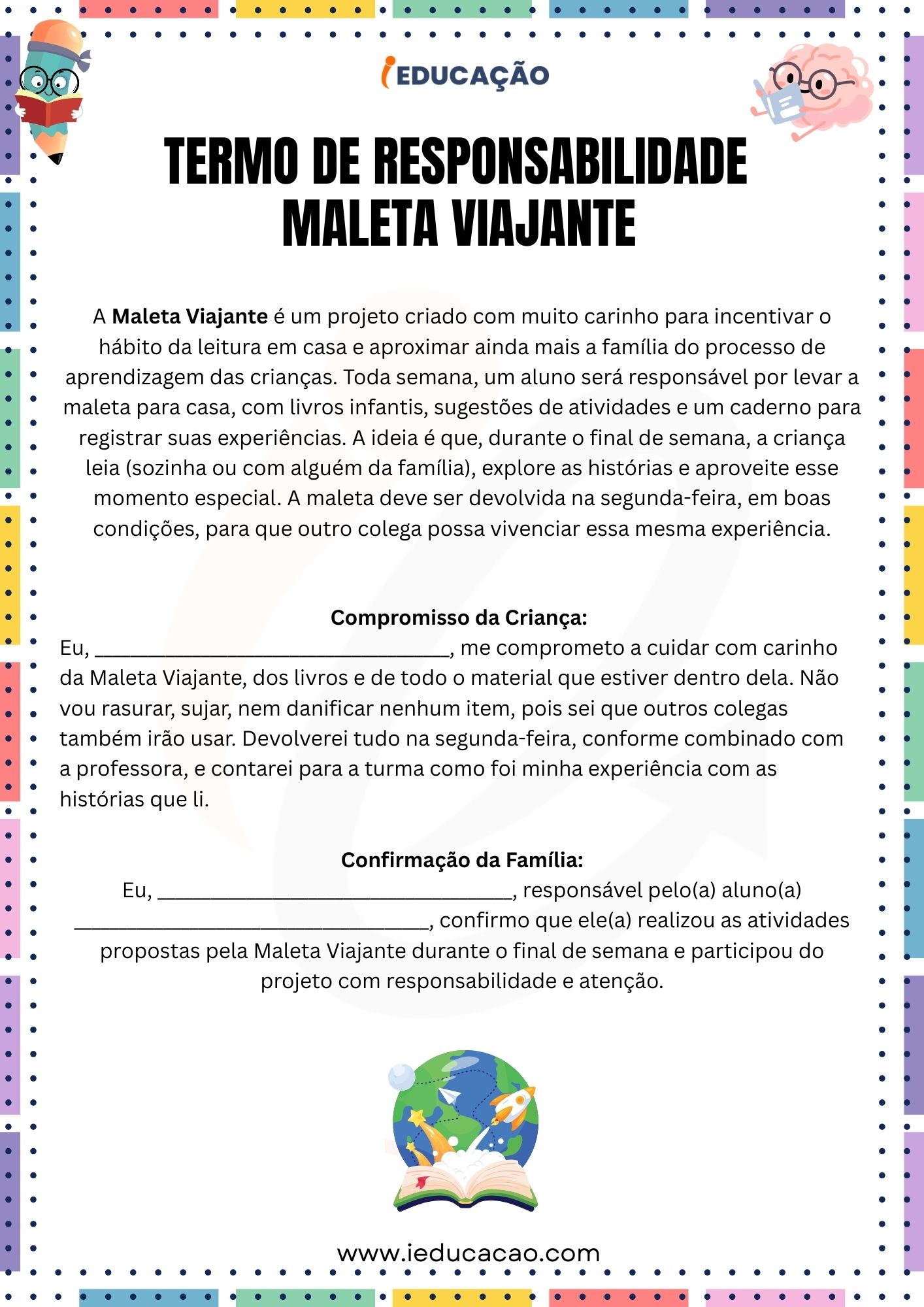 Maleta Viajante para Leitura Infantil Divertida - iEducação Maleta Viajante - Termo de responsabilidade crianças e pais