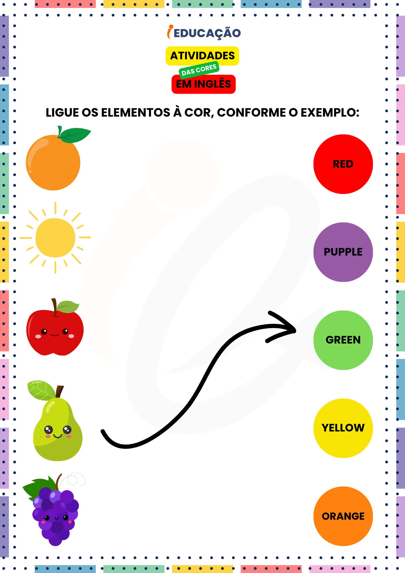 Atividades das Cores em Inglês para os Anos Iniciais - iEducação Atividades das Cores em Inglês - Atividade Ligue os Elementos com as cores em Inglês