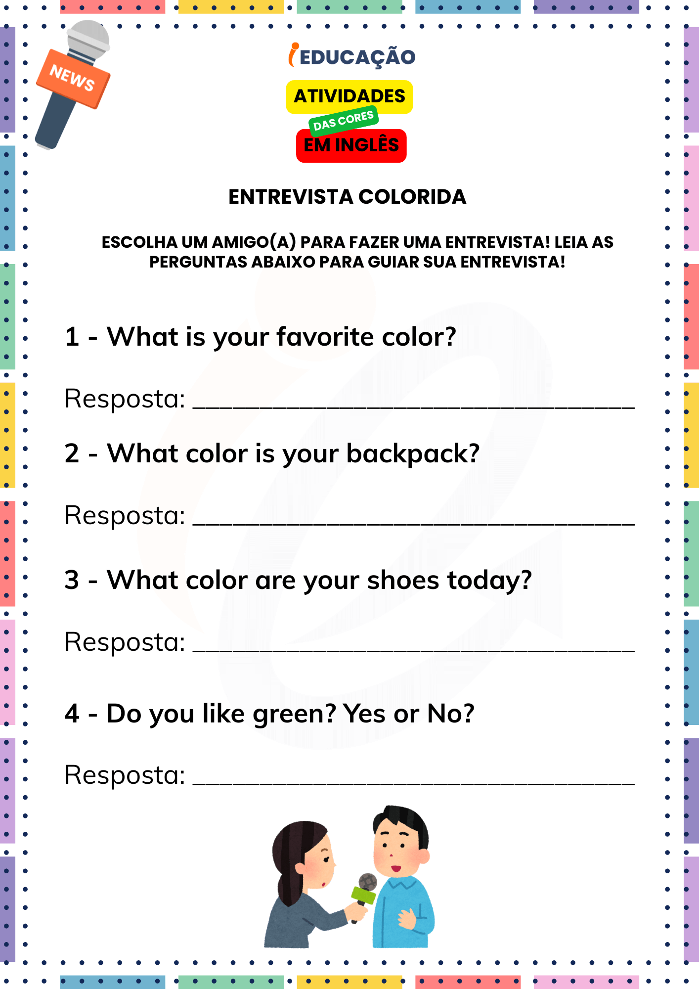 Atividades das Cores em Inglês para os Anos Iniciais - iEducação Atividades das Cores em Inglês - Atividade de Entrevista com Cores em Inglês