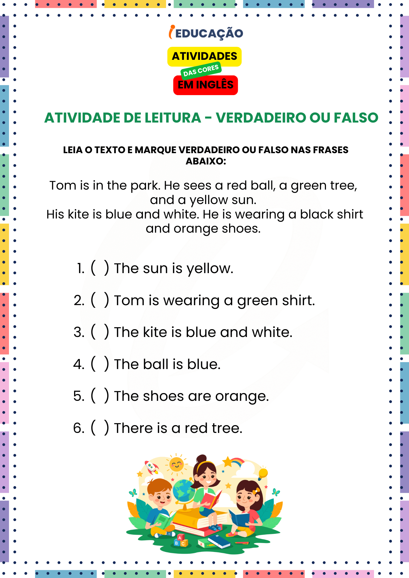 Atividades das Cores em Inglês para os Anos Iniciais - iEducação Atividades das Cores em Inglês - Atividade de Interpretação de Texto com Cores em Inglês