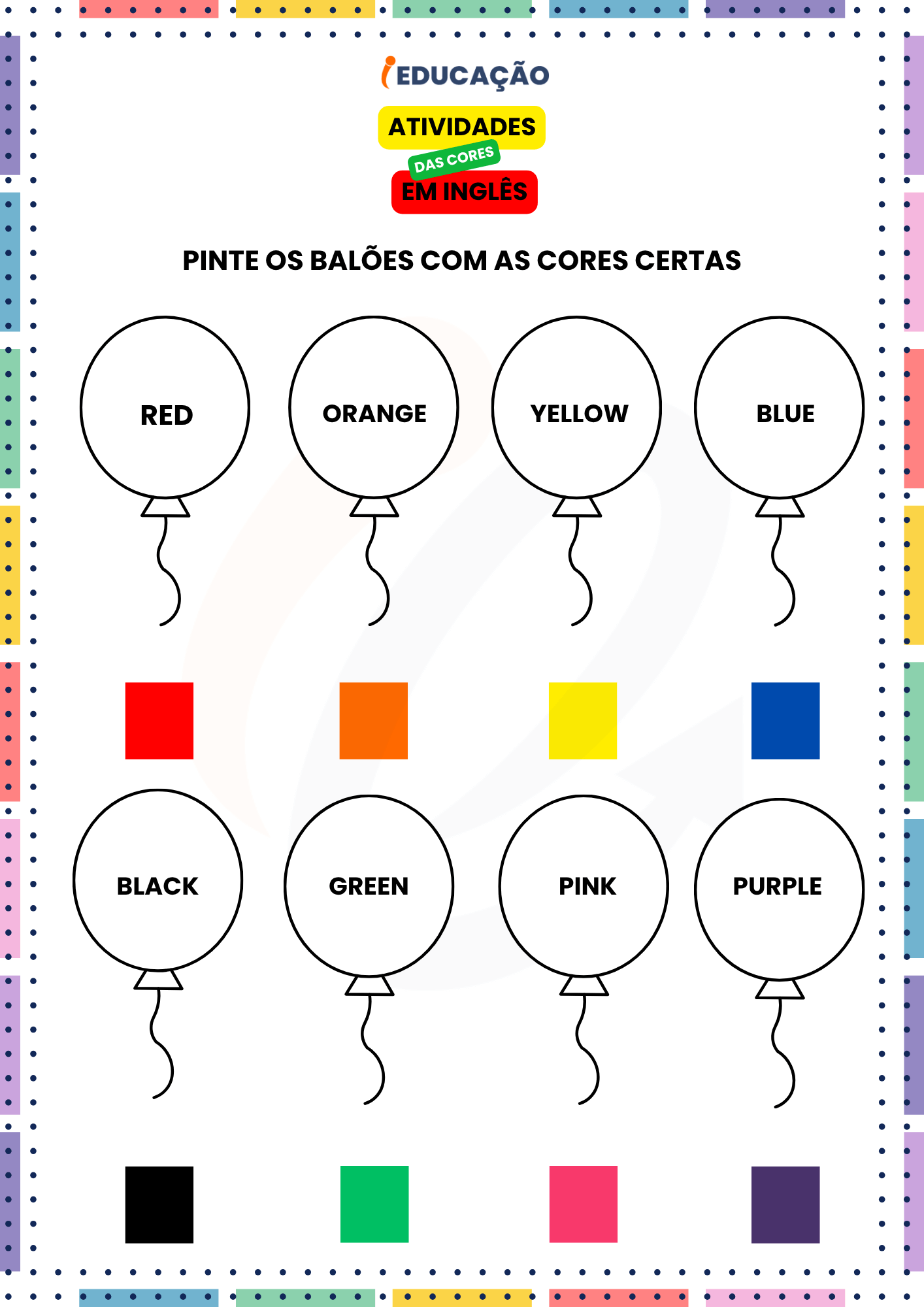Atividades das Cores em Inglês para os Anos Iniciais - iEducação Atividades das Cores em Inglês - Atividade de colorir as cores em Inglês