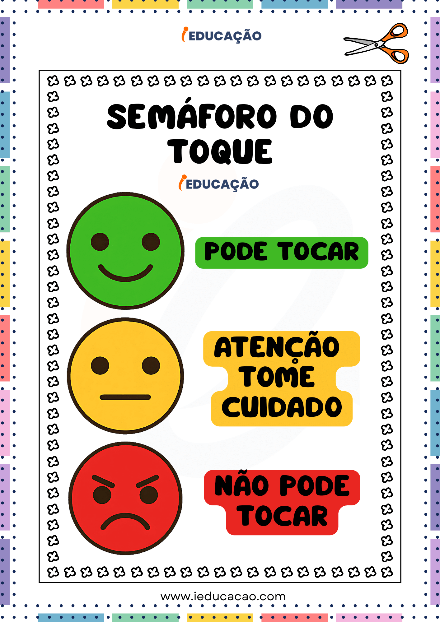 Projeto Maio Laranja com Semáforo do Toque Para Imprimir - iEducação Semáforo do Toque - Maio Laranja - Cartaz do Toque e Limites