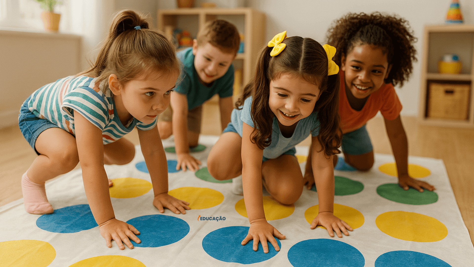 Atividades Psicomotoras Para Educação Infantil Com Ideias Incríveis - iEducação Atividades Psicomotoras Para Educação Infantil - jogo twyster para habilidades motoras - roleta do twyster - Atividades de Coordenação Motora para Educação Infantil - Atividade das Cores - Corpo, gestos e movimentos - Crianças Brincando