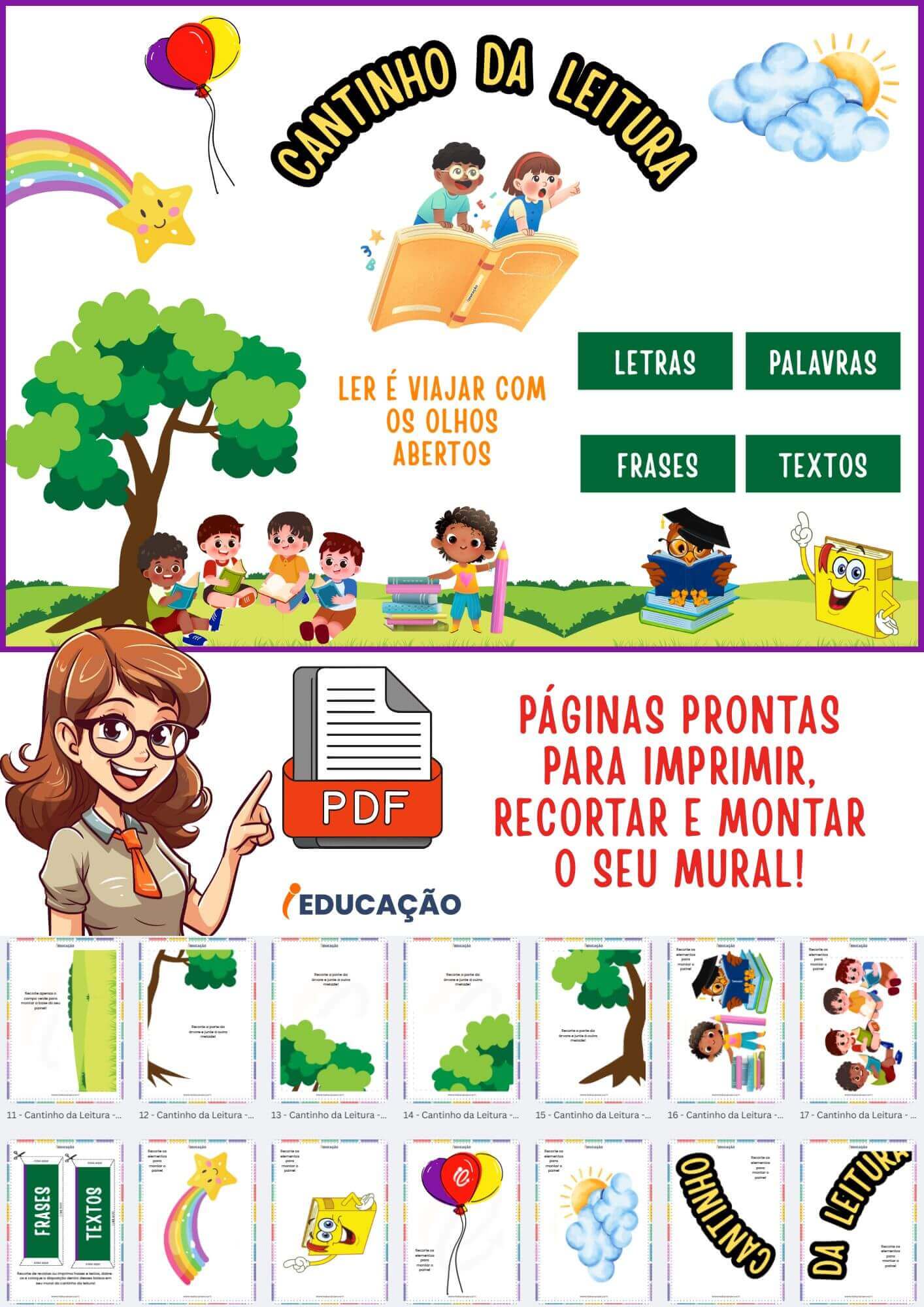 Painel Cantinho da Leitura Infantil (PDF Grátis) - iEducação Como Montar um Cantinho da Leitura para Educação Infantil? Recurso gratuito para projeto de leitura na escola - Leitura infantil