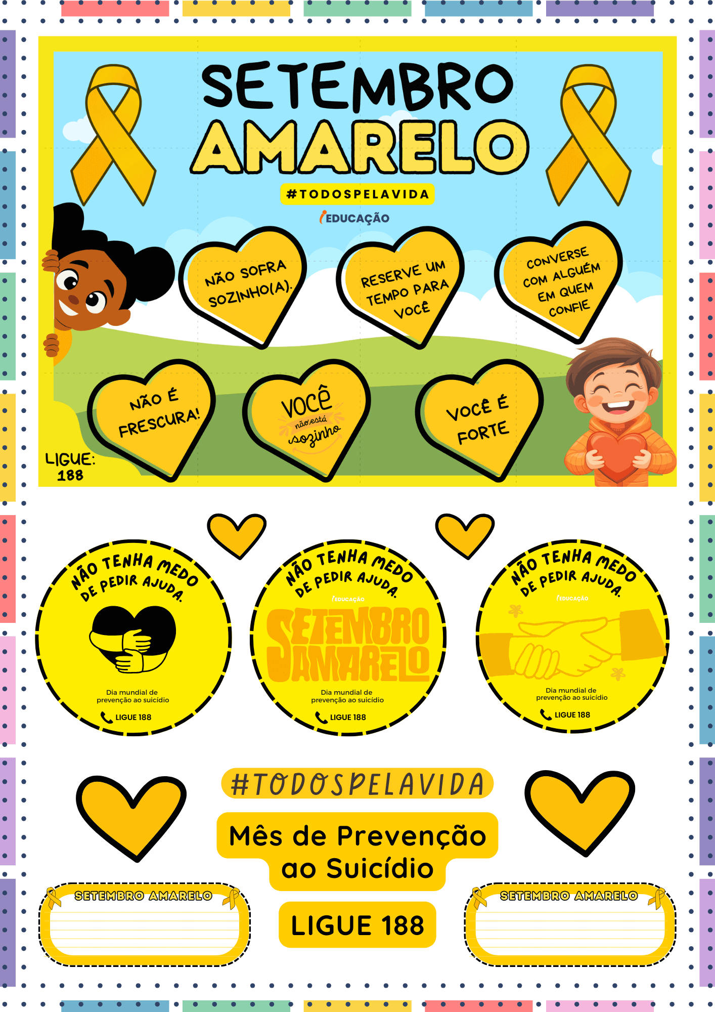 Cartaz Setembro Amarelo nas escolas para trabalhar saúde emocional com as crianças