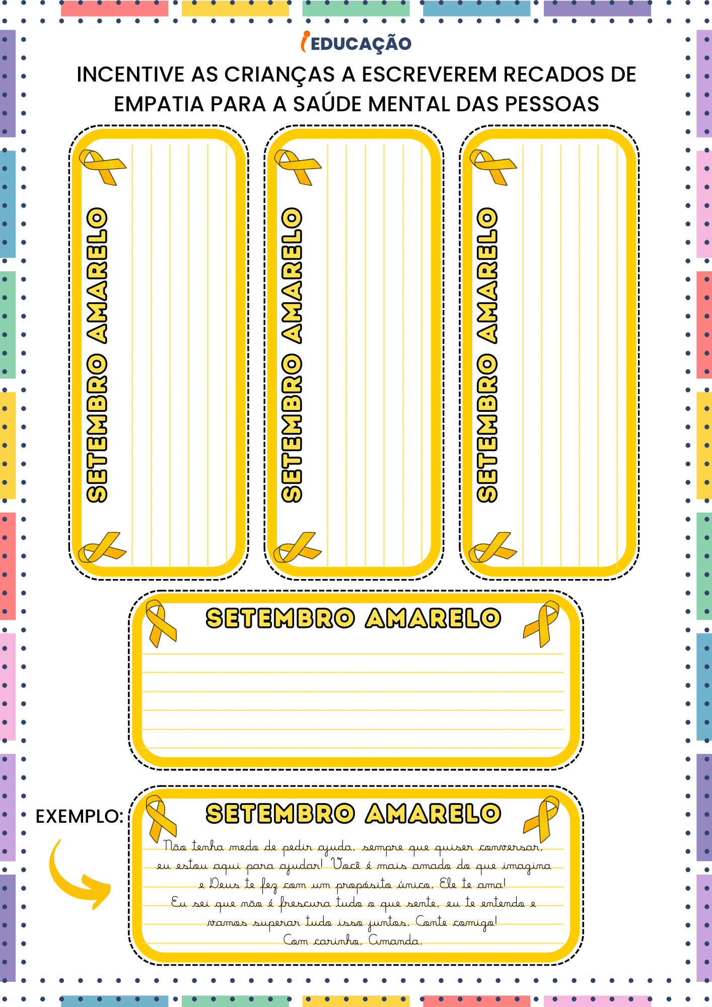 Folhetos para recadinhos Setembro Amarelo nas Escolas