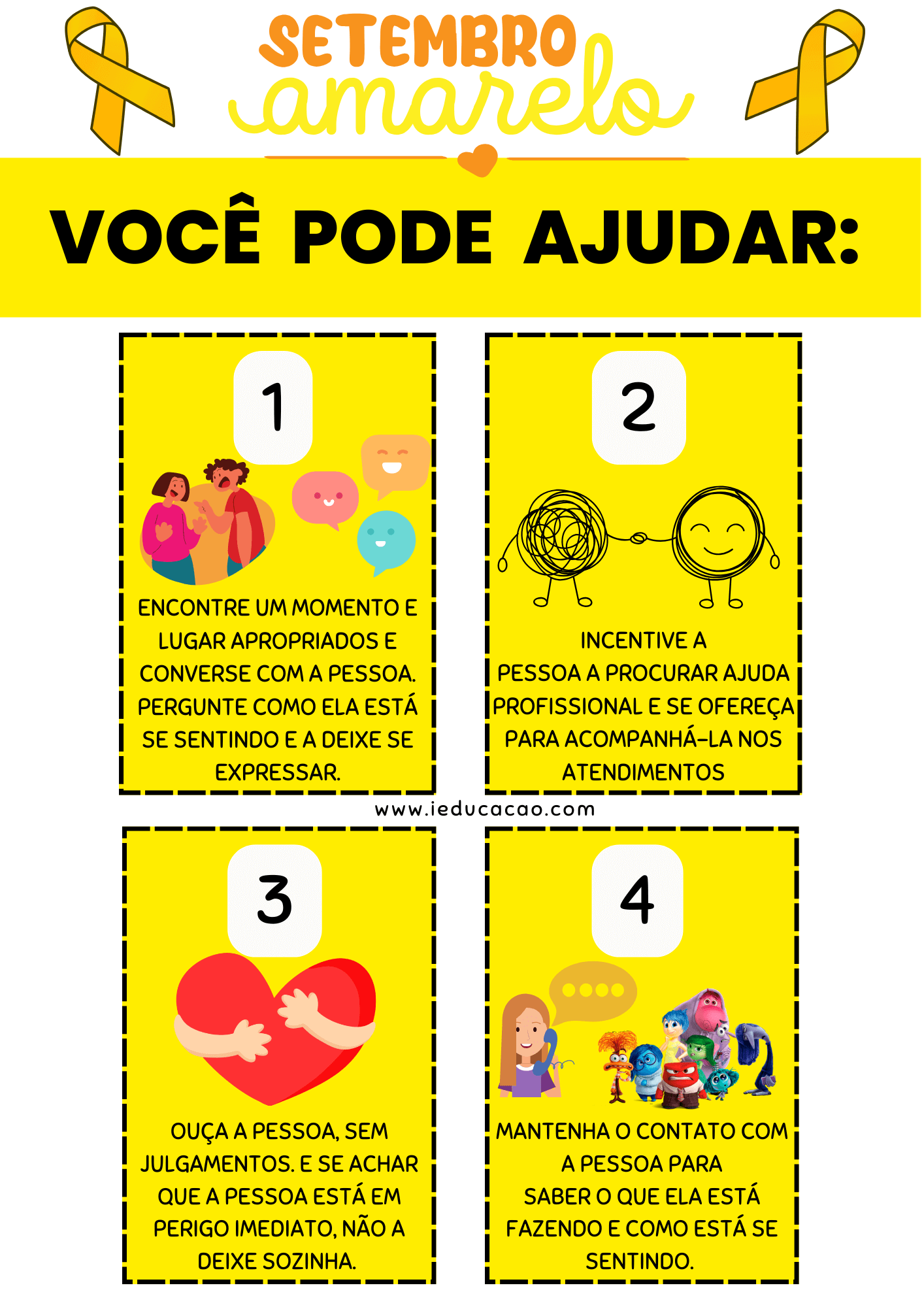 Painel Setembro Amarelo - Cartaz Setembro Amarelo nas Escolas - Educação Emocional nas escolas