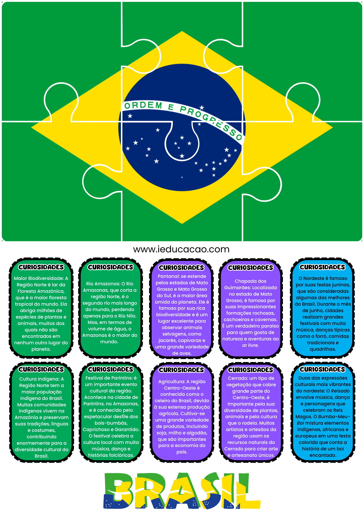 Bandeira do Brasil em quebra cabeça para montar Jogo Pedagógico para Educação Infantil