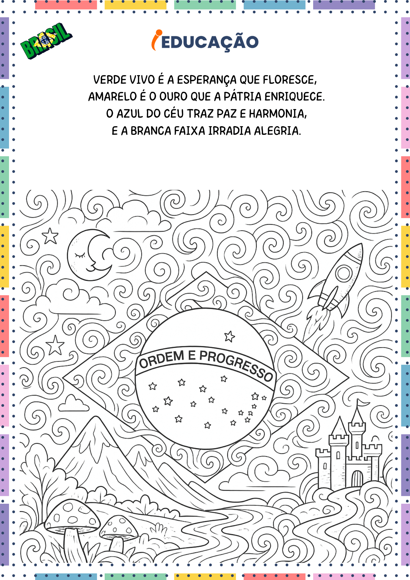 Desenho da Bandeira do Brasil para Colorir e Comemorar o Dia da Independência do Brasil - Semana da Pátria