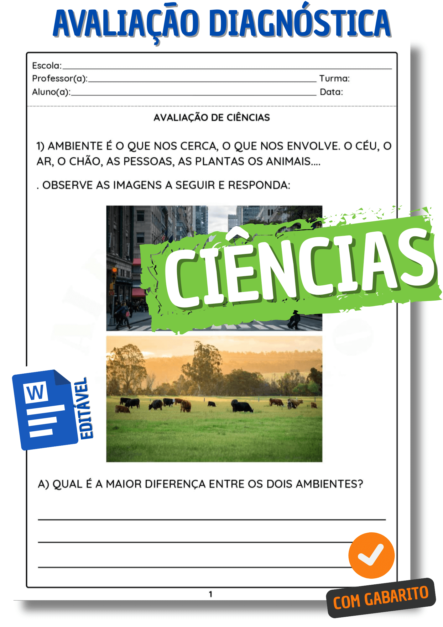 Avaliação Diagnóstica 1 ano - Prova de ciências para o 1º ano fundamental 1 - atividade avaliativa de ciências