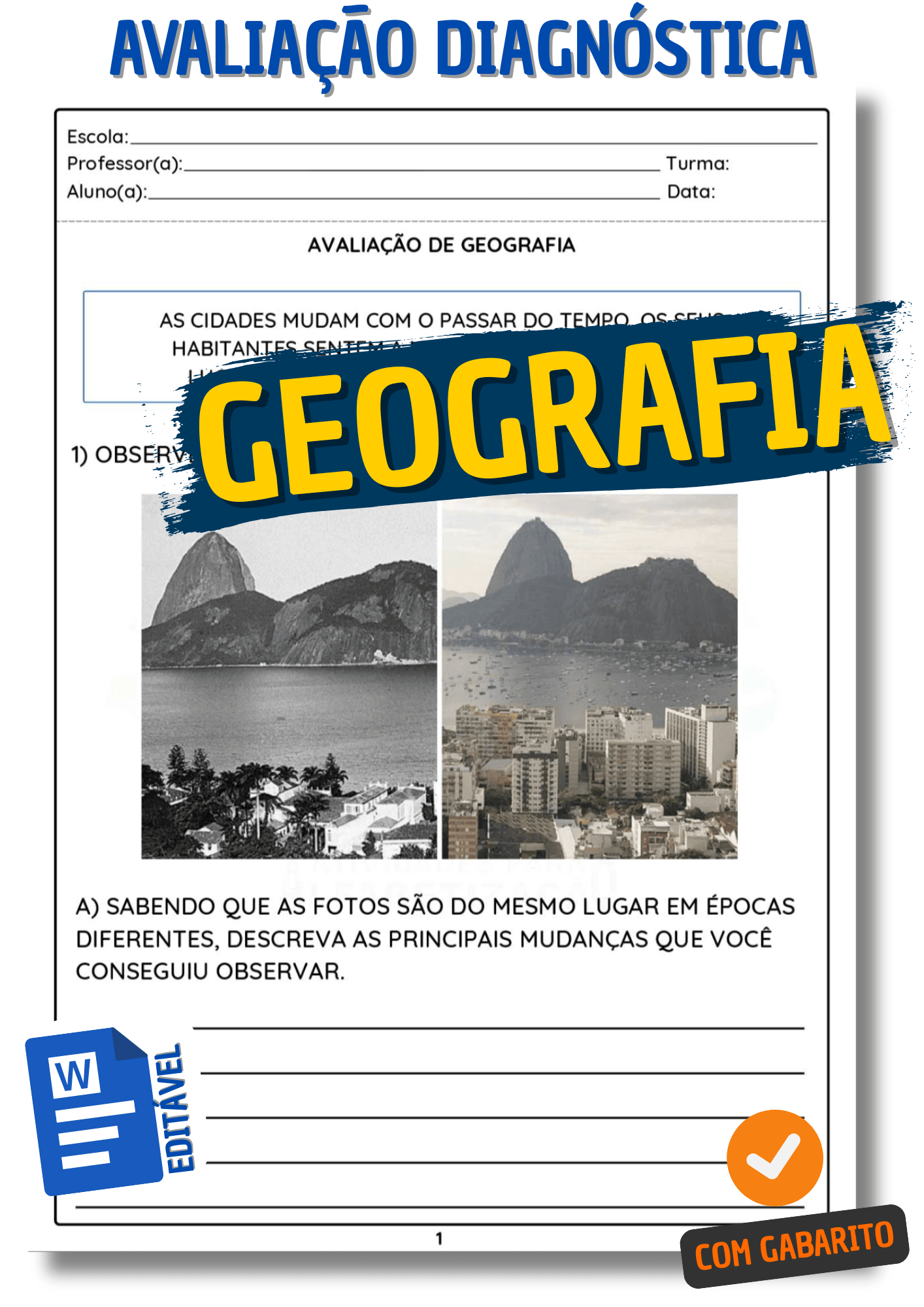Avaliação Diagnóstica 1 ano - Prova de geografia para o 1º ano fundamental 1 - atividade avaliativa de geografia