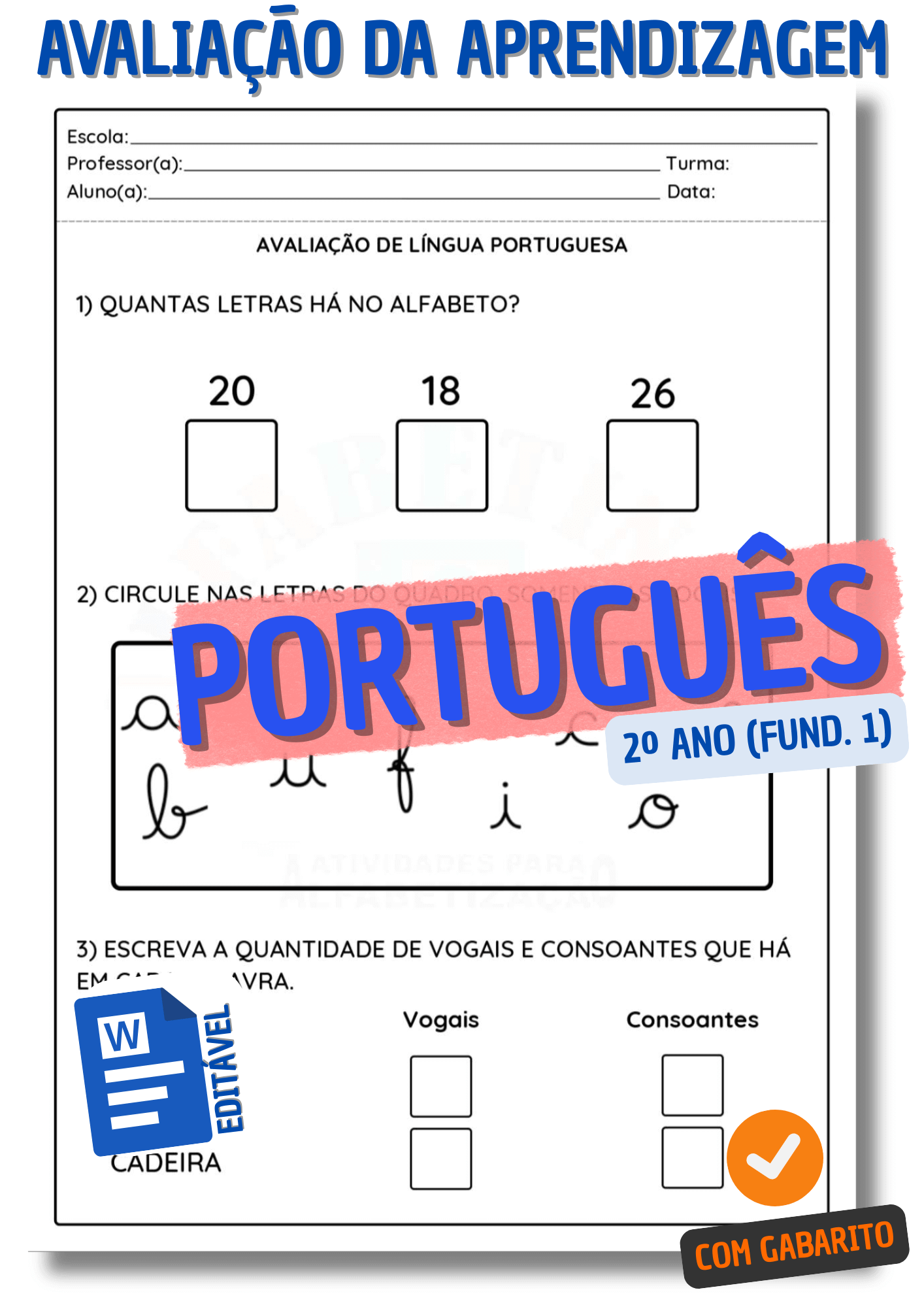 Provas Editáveis para Avaliação da Aprendizagem no 2º ano do Ensino Fundamental 1 -  Prova de português para o 2º ano fundamental 1 - atividade avaliativa de português