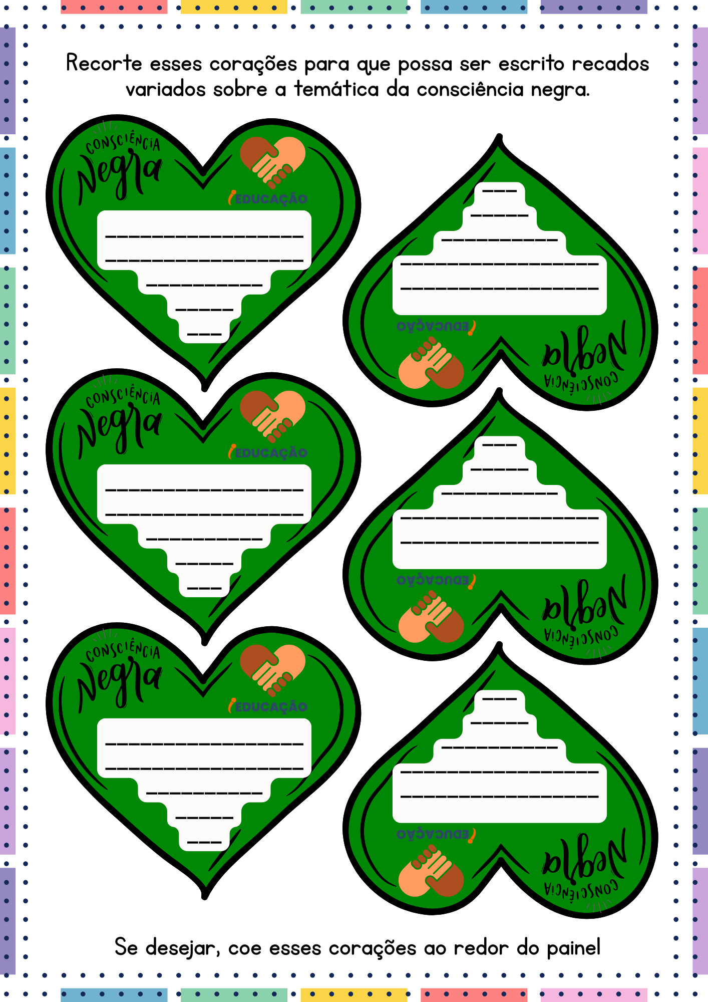 Painel da Consciência Negra para imprimir com frase de Nelson Mandela. Corações para escrever frase sobre consciência negra