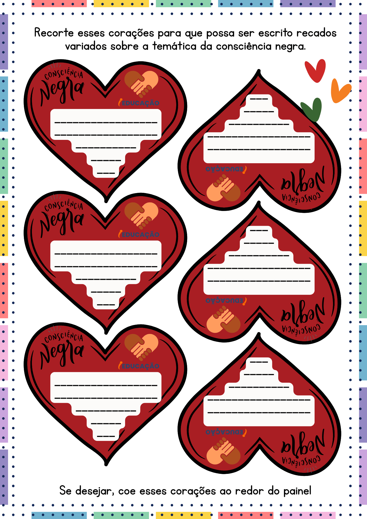Painel da Consciência Negra para imprimir com frase de Nelson Mandela. Corações para escrever texto sobre consciência negra