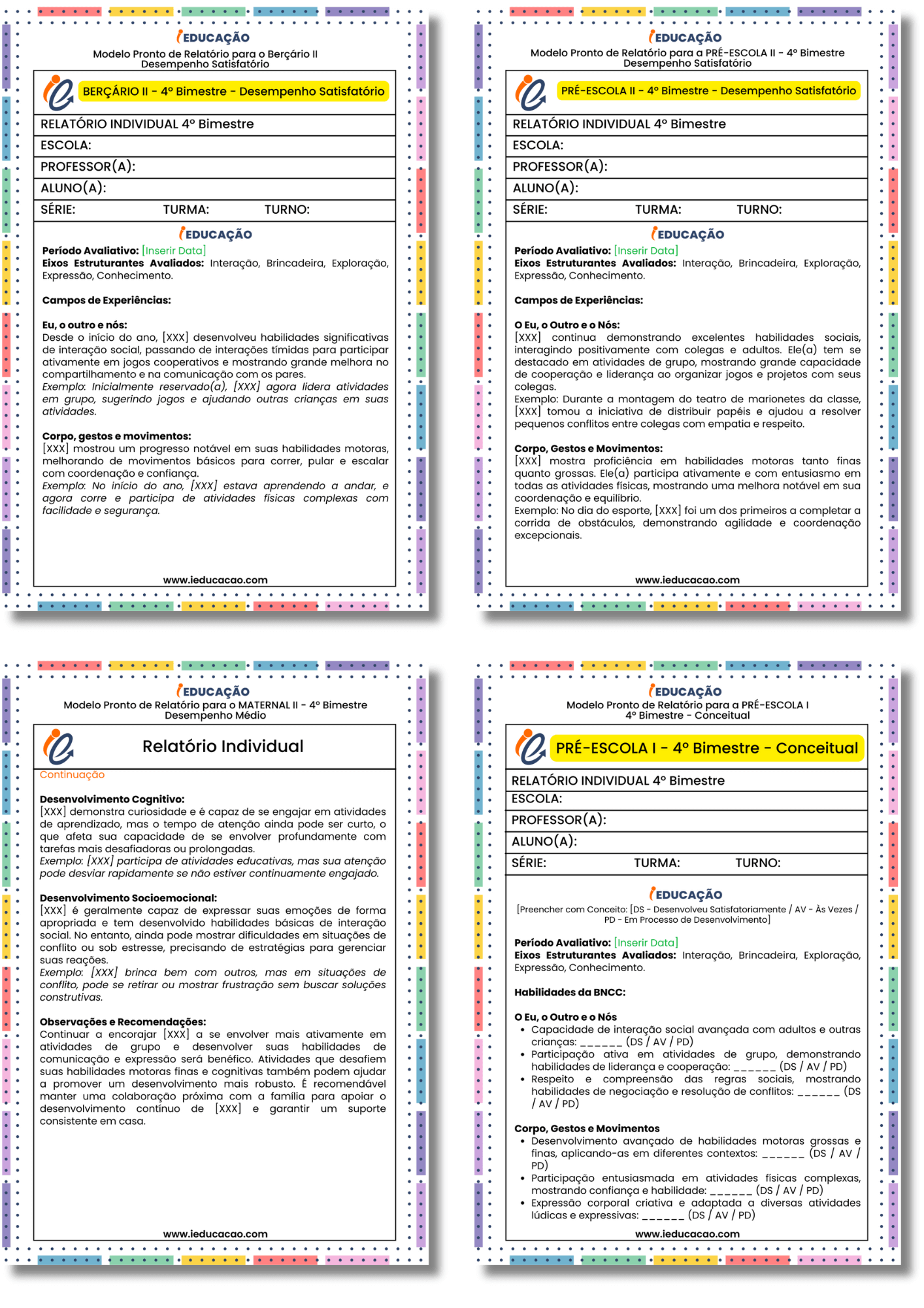 Modelos de Relatório Final Escolar com Registros Descritivos Relatórios Escolares para o 4º Bimestre - Modelos de relatório individual do aluno na educação infantil