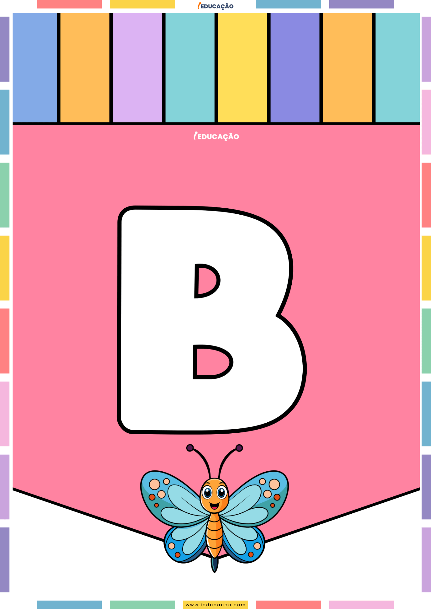 26 Letras do Alfabeto Colorido para Imprimir com Ilustrações PDF Grátis Alfabeto colorido para imprimir e montar um mural com o abecedário completo com o alfabeto ilustrado - Letra B para imprimir