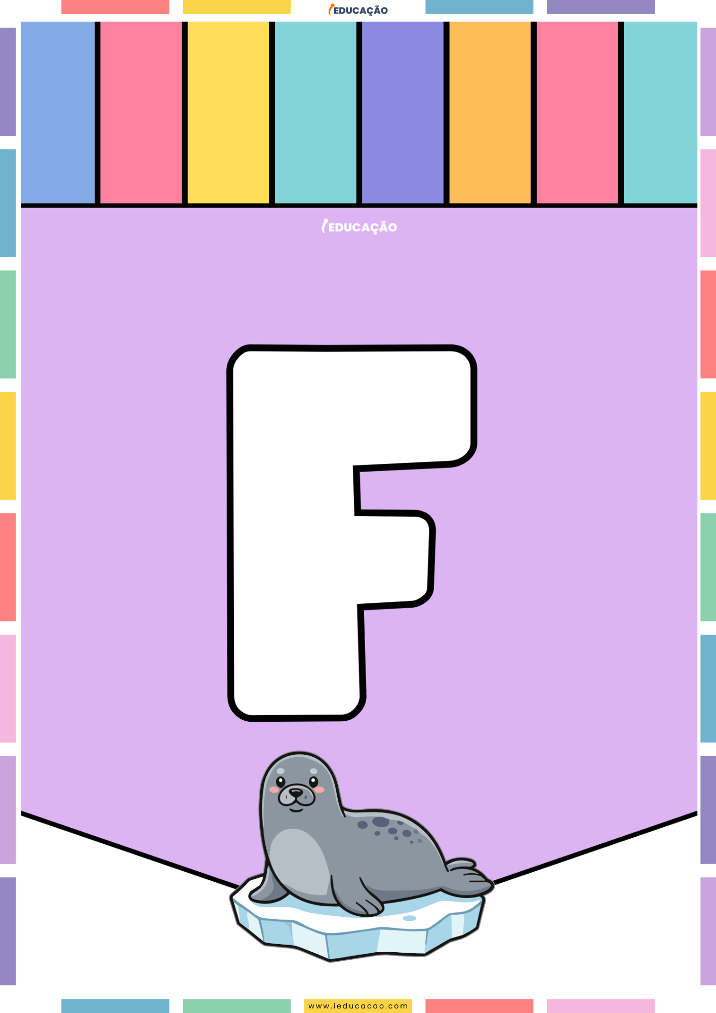 26 Letras do Alfabeto Colorido para Imprimir com Ilustrações PDF Grátis Alfabeto colorido para imprimir e montar um mural com o abecedário completo com o alfabeto ilustrado - Letra F para imprimir