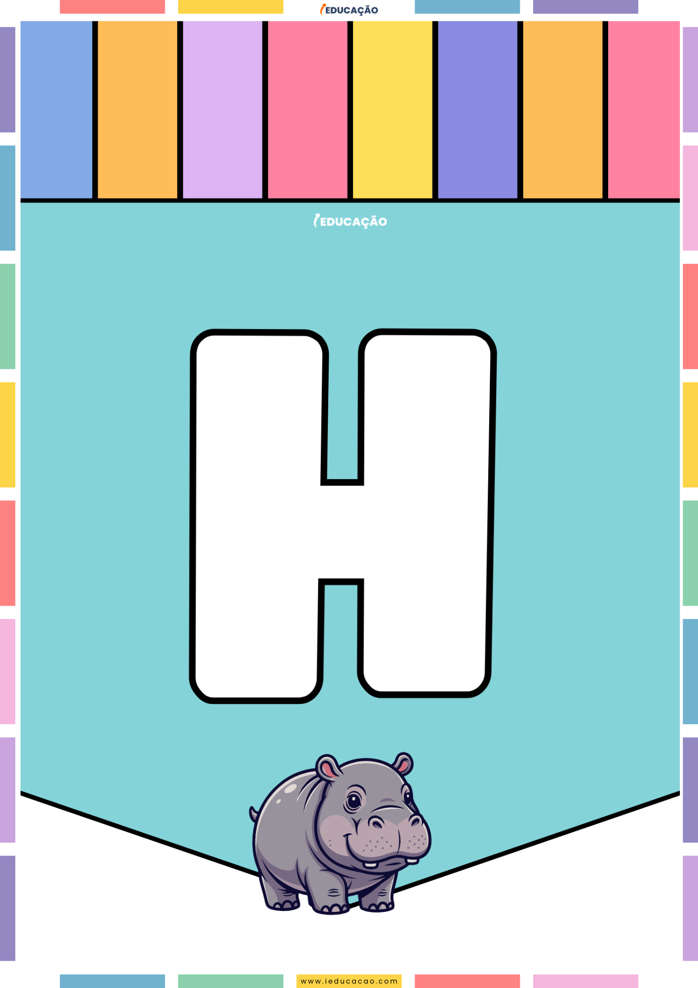 26 Letras do Alfabeto Colorido para Imprimir com Ilustrações PDF Grátis Alfabeto colorido para imprimir e montar um mural com o abecedário completo com o alfabeto ilustrado - Letra H para imprimir