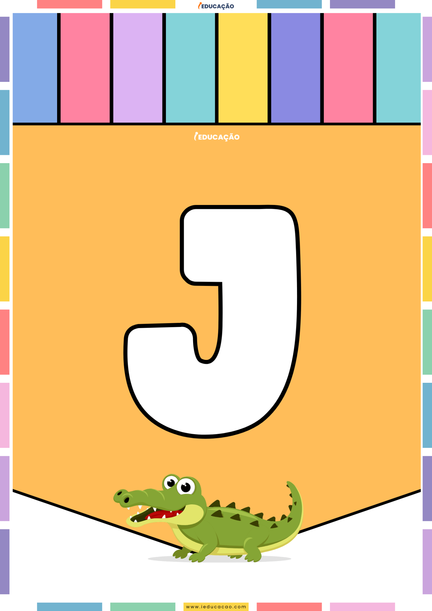 26 Letras do Alfabeto Colorido para Imprimir com Ilustrações PDF Grátis Alfabeto colorido para imprimir e montar um mural com o abecedário completo com o alfabeto ilustrado - Letra J para imprimir