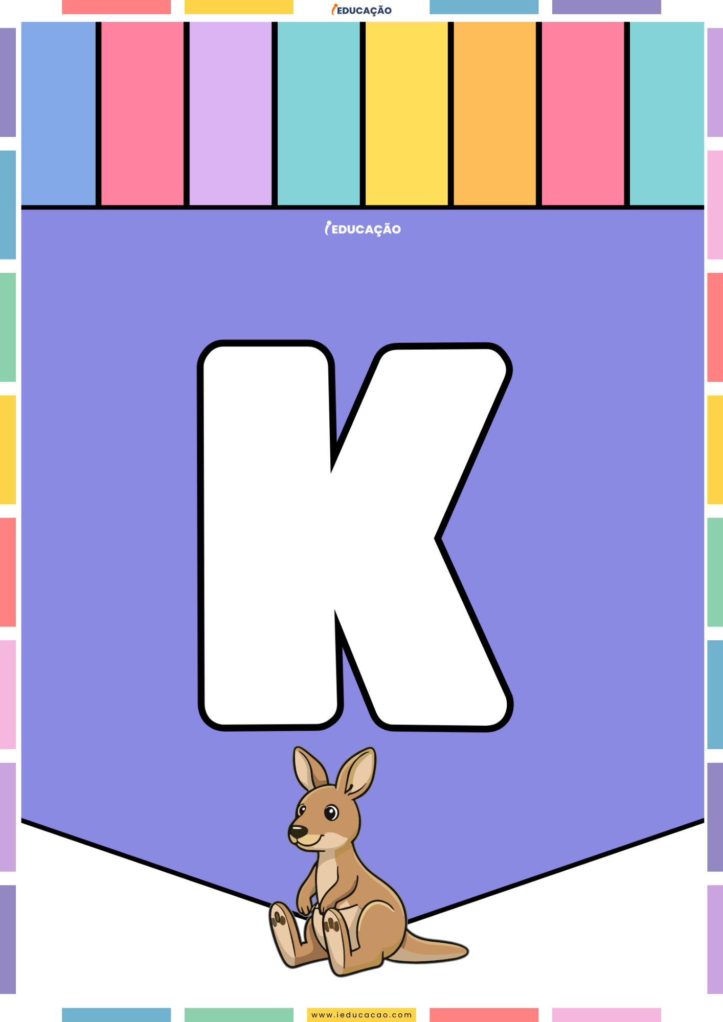 26 Letras do Alfabeto Colorido para Imprimir com Ilustrações PDF Grátis Alfabeto colorido para imprimir e montar um mural com o abecedário completo com o alfabeto ilustrado - Letra K para imprimir