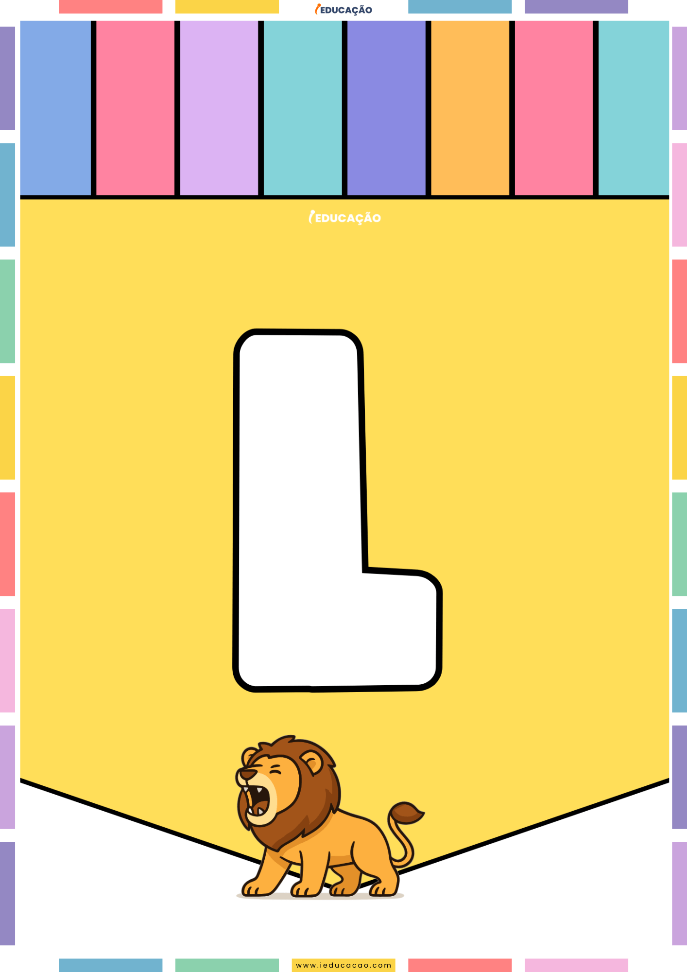 26 Letras do Alfabeto Colorido para Imprimir com Ilustrações PDF Grátis Alfabeto colorido para imprimir e montar um mural com o abecedário completo com o alfabeto ilustrado - Letra L para imprimir