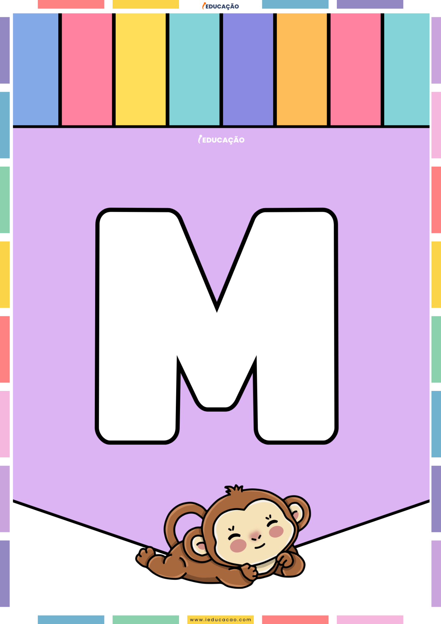 26 Letras do Alfabeto Colorido para Imprimir com Ilustrações PDF Grátis Alfabeto colorido para imprimir e montar um mural com o abecedário completo com o alfabeto ilustrado - Letra M para imprimir