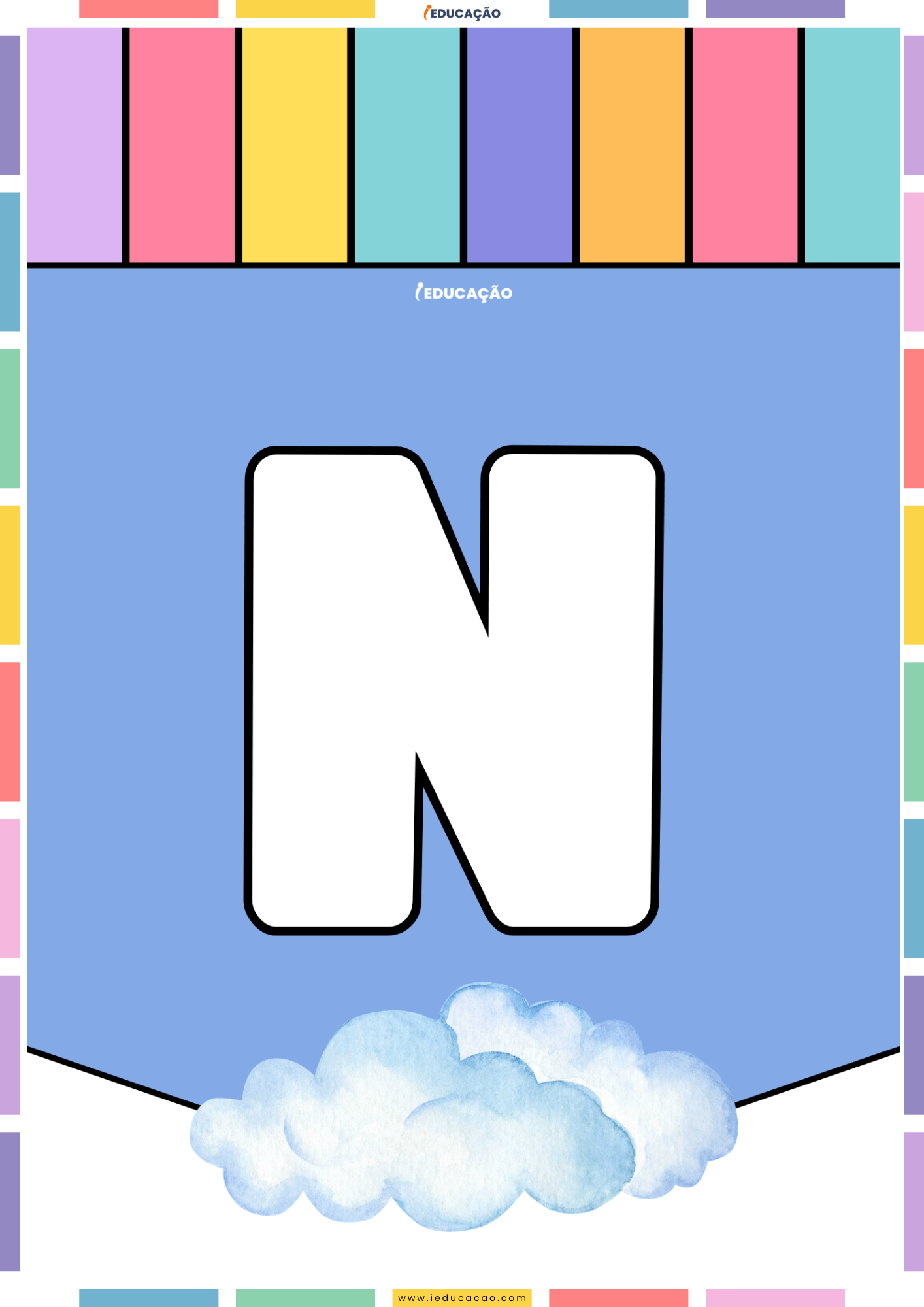 26 Letras do Alfabeto Colorido para Imprimir com Ilustrações PDF Grátis Alfabeto colorido para imprimir e montar um mural com o abecedário completo com o alfabeto ilustrado - Letra N para imprimir