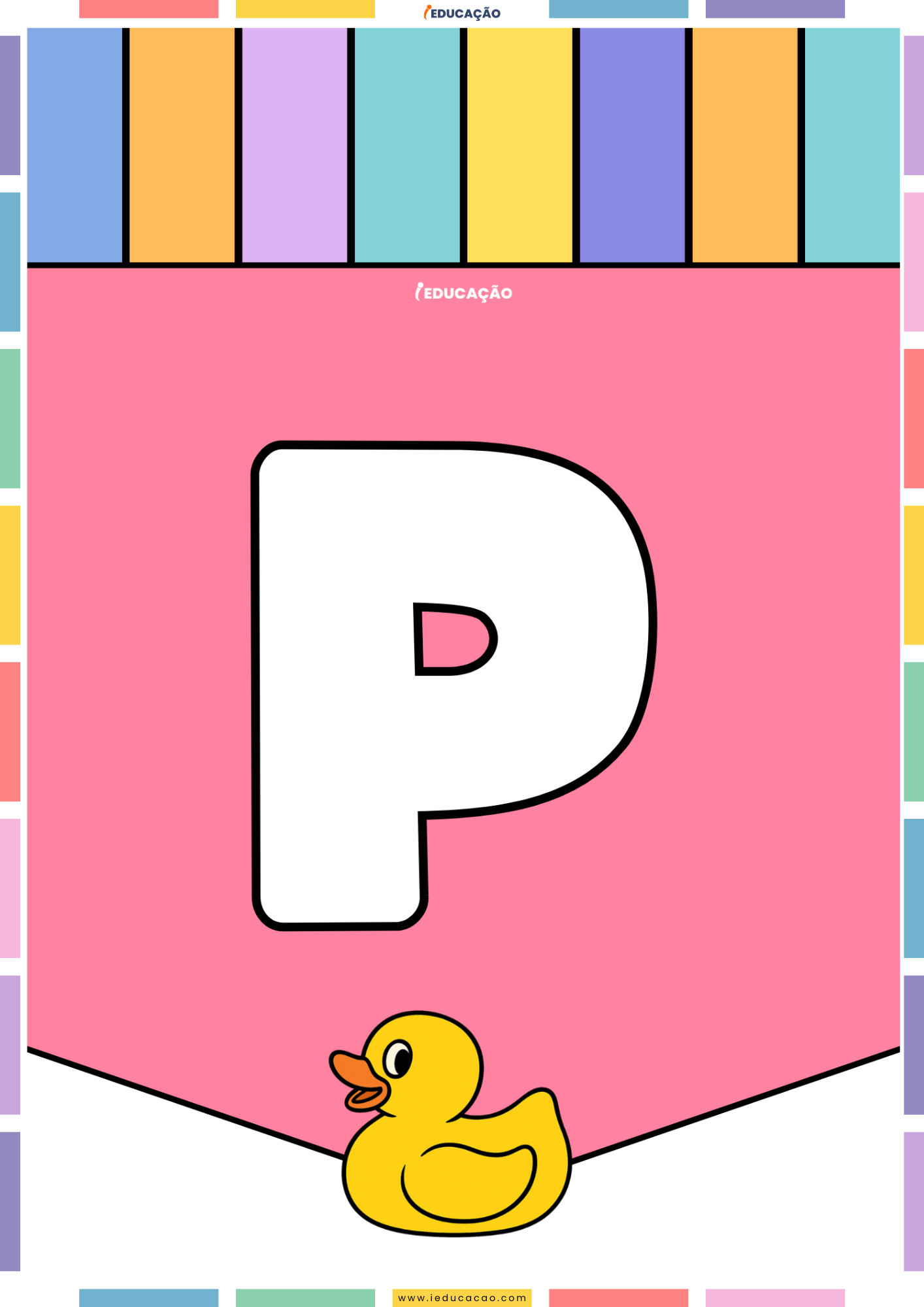 26 Letras do Alfabeto Colorido para Imprimir com Ilustrações PDF Grátis Alfabeto colorido para imprimir e montar um mural com o abecedário completo com o alfabeto ilustrado - Letra P para imprimir