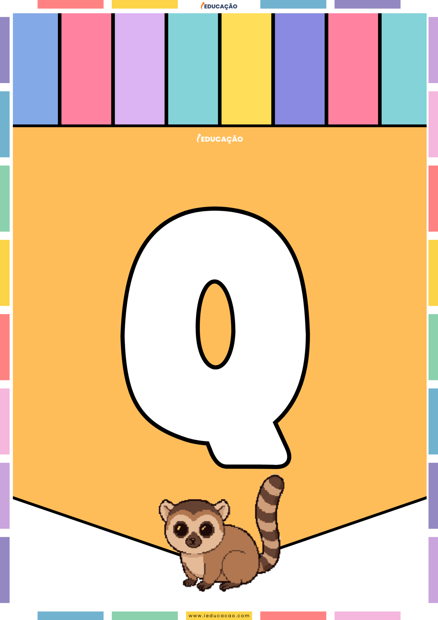 26 Letras do Alfabeto Colorido para Imprimir com Ilustrações PDF Grátis Alfabeto colorido para imprimir e montar um mural com o abecedário completo com o alfabeto ilustrado - Letra Q para imprimir