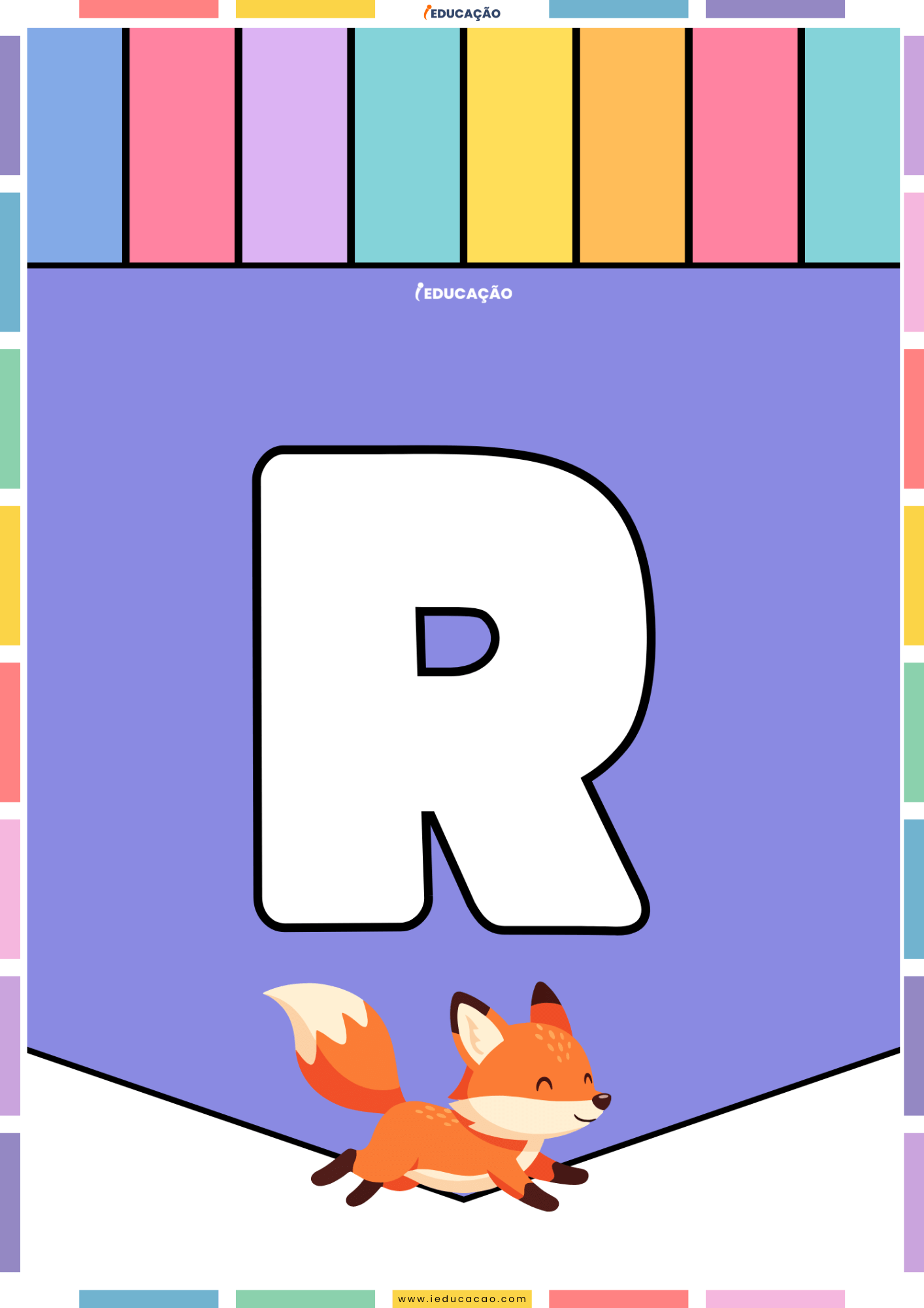 26 Letras do Alfabeto Colorido para Imprimir com Ilustrações PDF Grátis Alfabeto colorido para imprimir e montar um mural com o abecedário completo com o alfabeto ilustrado - Letra R para imprimir