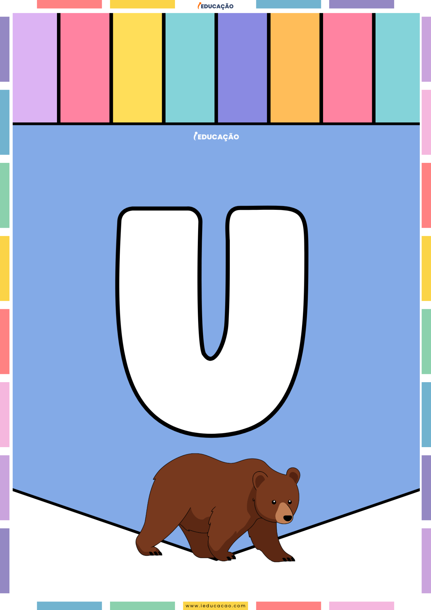 26 Letras do Alfabeto Colorido para Imprimir com Ilustrações PDF Grátis Alfabeto colorido para imprimir e montar um mural com o abecedário completo com o alfabeto ilustrado - Letra U para imprimir