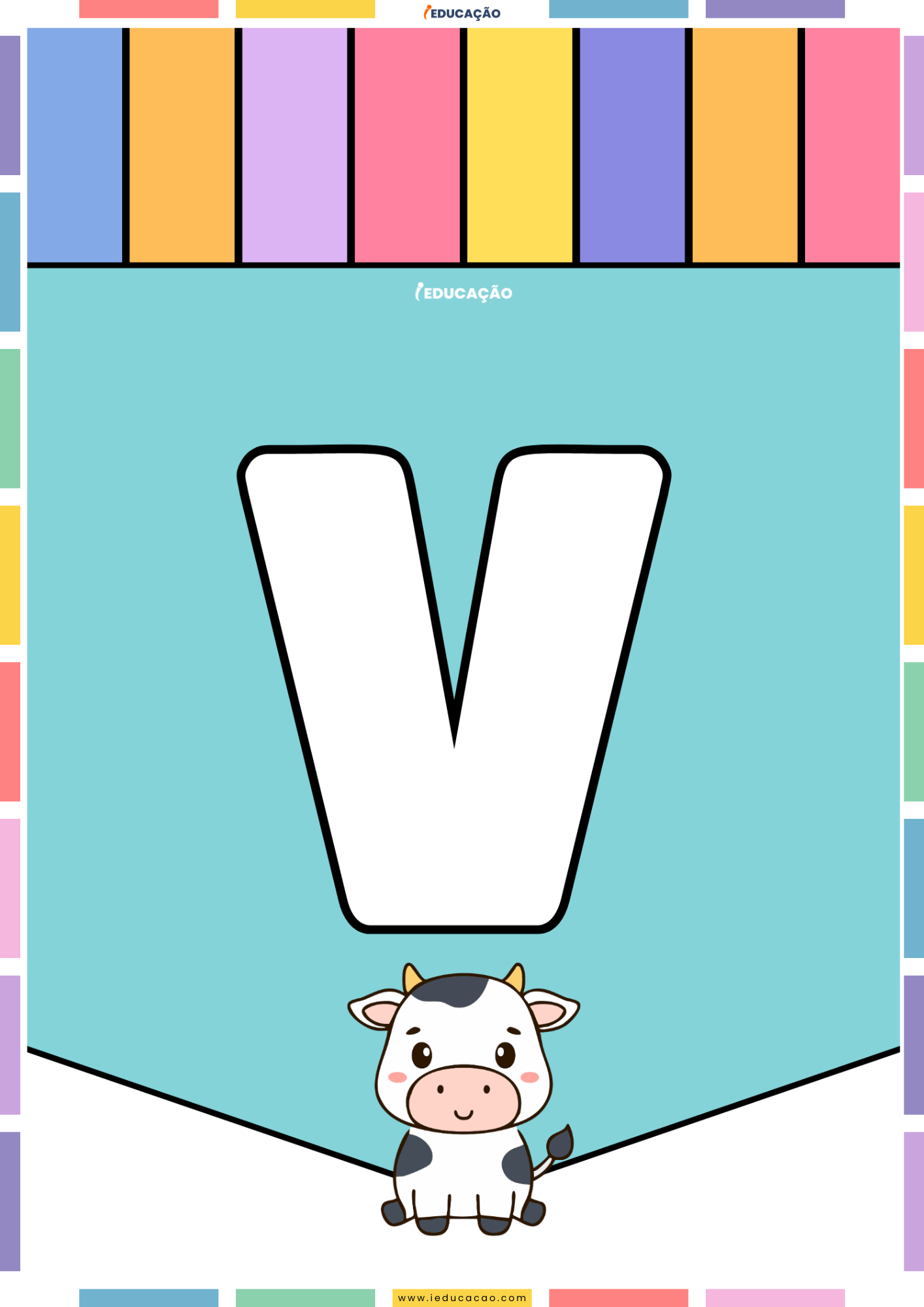 26 Letras do Alfabeto Colorido para Imprimir com Ilustrações PDF Grátis Alfabeto colorido para imprimir e montar um mural com o abecedário completo com o alfabeto ilustrado - Letra V para imprimir