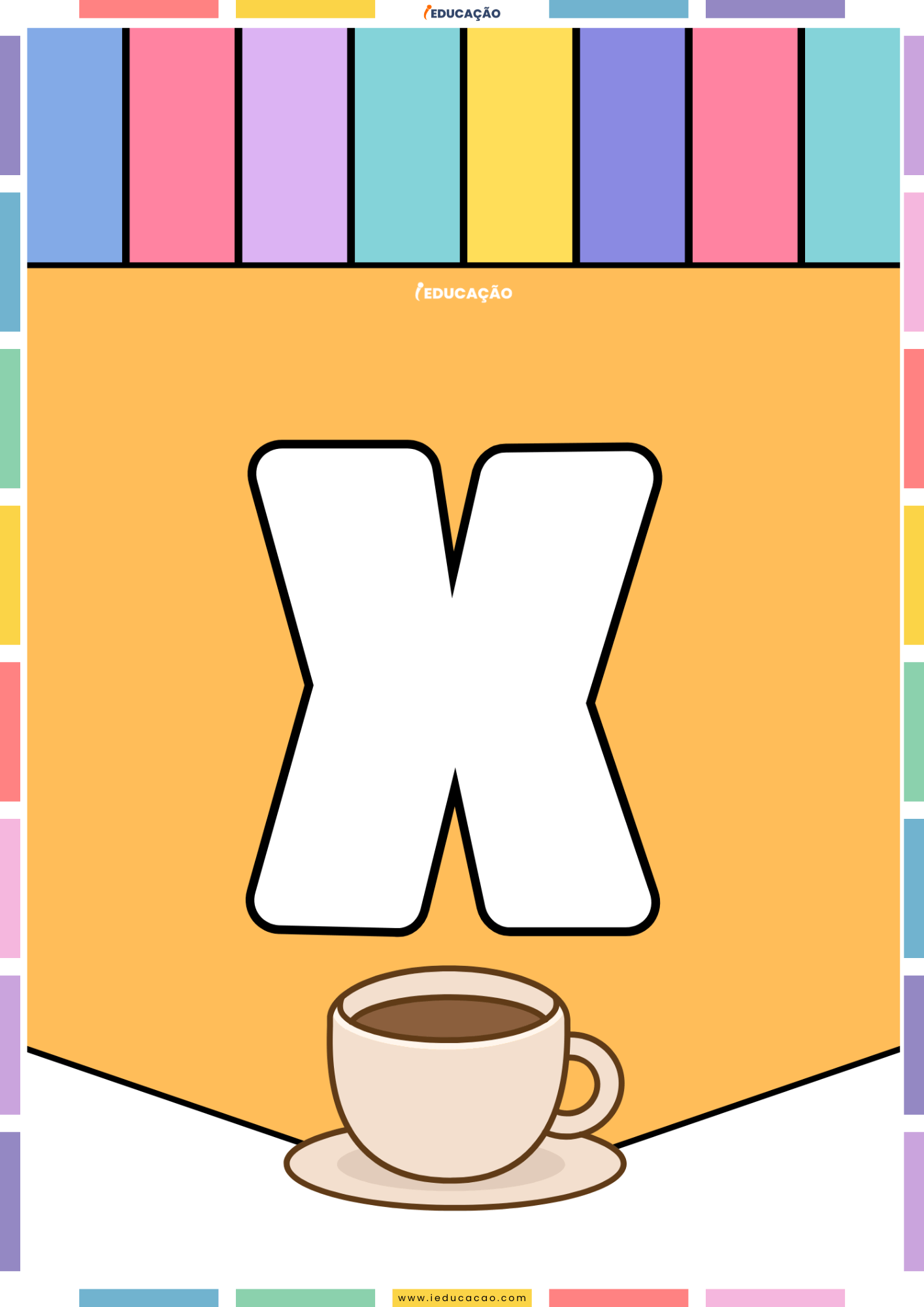 26 Letras do Alfabeto Colorido para Imprimir com Ilustrações PDF Grátis Alfabeto colorido para imprimir e montar um mural com o abecedário completo com o alfabeto ilustrado - Letra X para imprimir