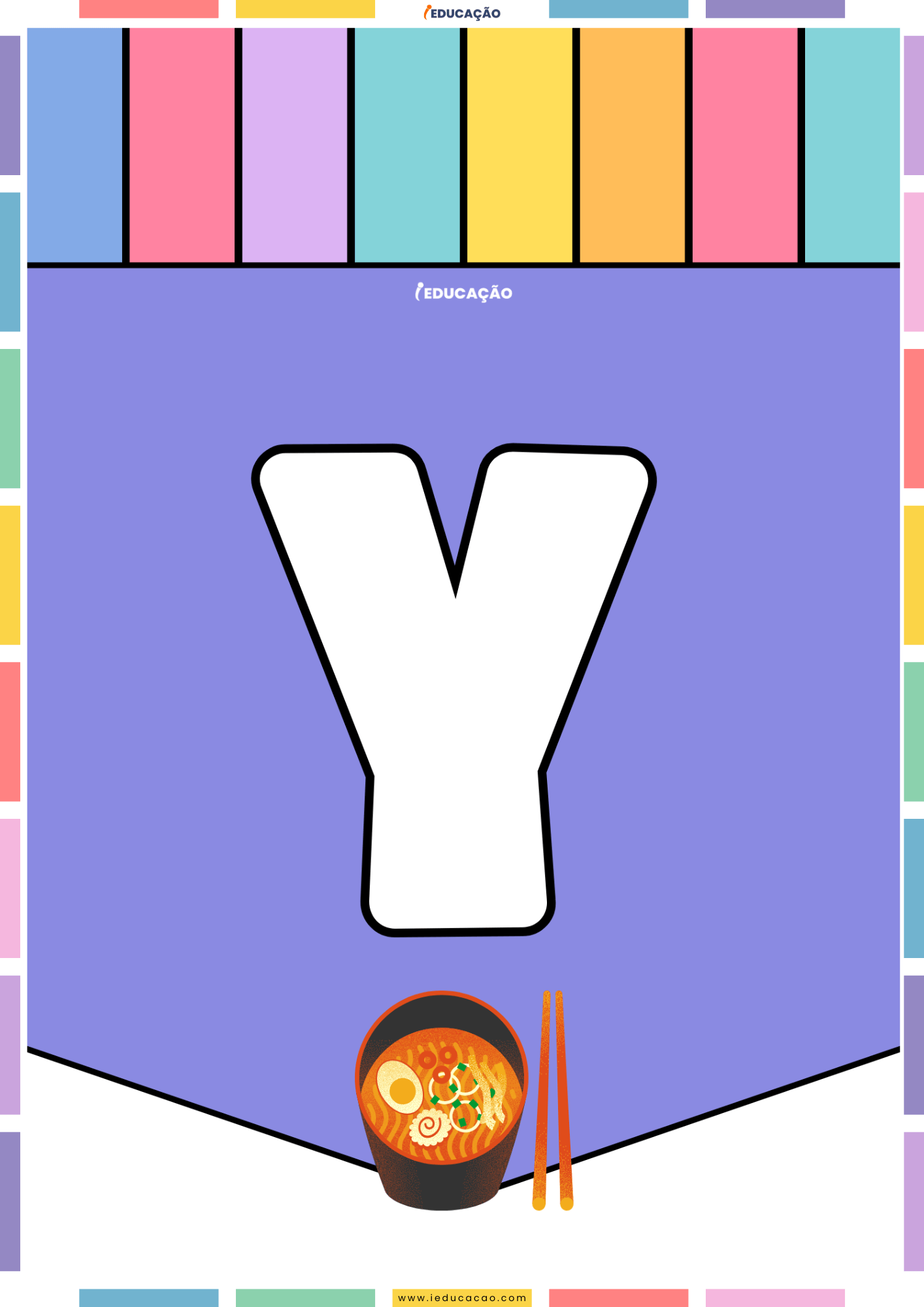 26 Letras do Alfabeto Colorido para Imprimir com Ilustrações PDF Grátis Alfabeto colorido para imprimir e montar um mural com o abecedário completo com o alfabeto ilustrado - Letra Y para imprimir