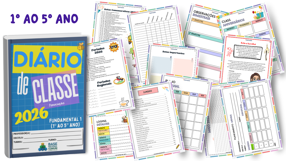 Diário de Classe Para Imprimir 1º ao 5º ano Com Planner do(a) Professor(a) no Fundamental 1 Diário de Classe 2026 para o fundamental 1 - Caderno do professor para fazer os relatórios escolares de acordo com a BNCC