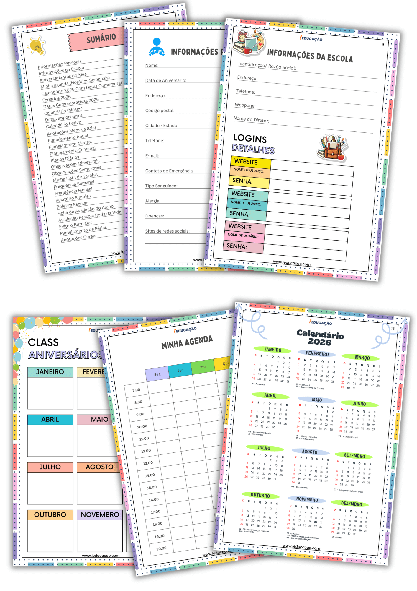 Diário de Classe Para Imprimir 1º ao 5º ano Com Planner do(a) Professor(a) no Fundamental 1 Diário de Classe Para Imprimir 1º ao 5º ano Com Planner do(a) Professor(a) no Fundamental 1 - Calendário 2026 e aniversariantes do mês com agenda escolar do professor