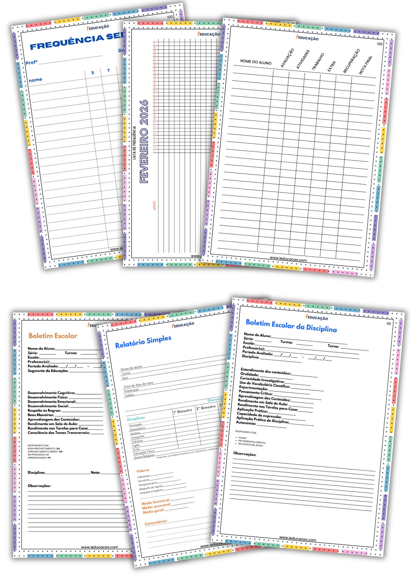 Diário de Classe Para Imprimir 1º ao 5º ano Com Planner do(a) Professor(a) no Fundamental 1 Relatórios descritivos da turma em observações bimestrais e semestrais, com frequência escolar, relatório individual do aluno e boletim escolar com ficha de avaliação no Diário de Classe Para Impr