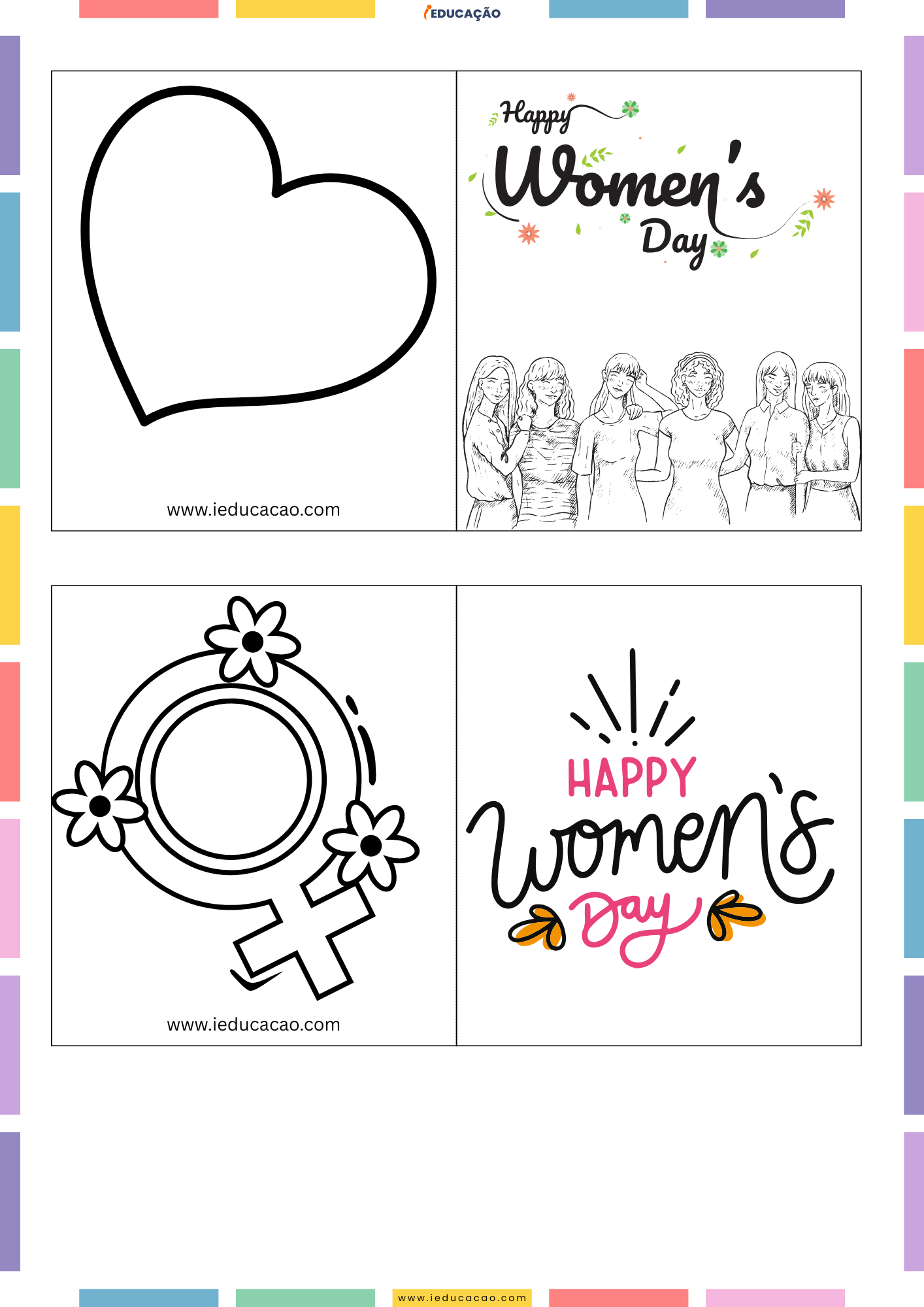 Cartão do Dia Internacional da Mulher para Colorir Cartão do Dia das Mulheres para Imprimir e colorir, Cartão do Dia Internacional da Mulher . Happy Womens Day