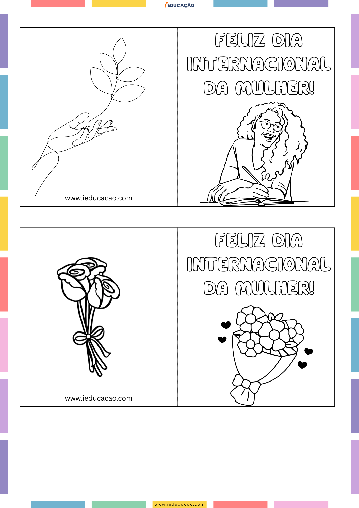 Cartão do Dia Internacional da Mulher para Colorir Cartão do Dia das Mulheres para Imprimir e colorir, Cartão do Dia Internacional da Mulher