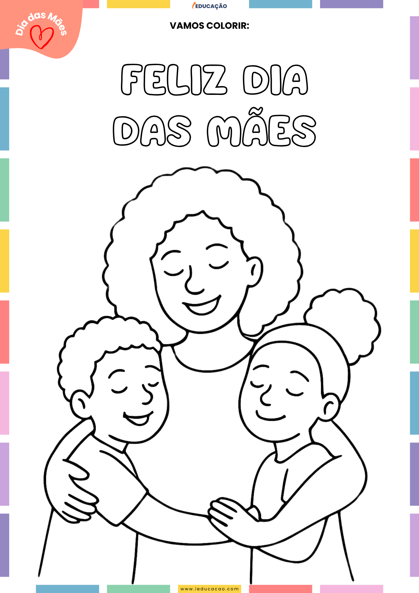 20 Desenhos do Dia das Mães para Colorir Desenho do Dia das Mães para Colorir - Mamãe com um filho e uma filha
