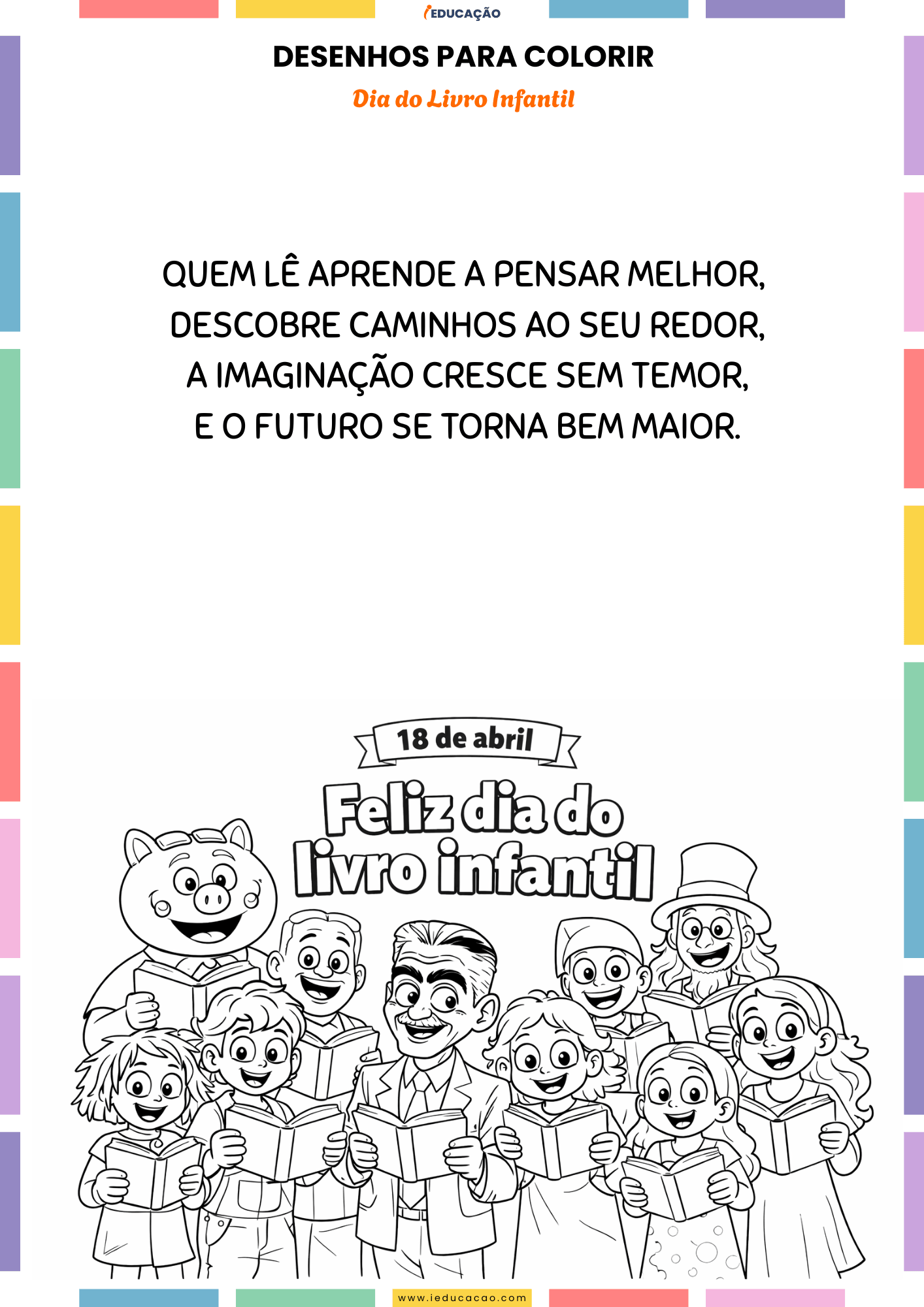 Dia do Livro Infantil 2026 com Kit Monteiro Lobato para Imprimir Feliz dia do livro infantil com a turma do sítio do pica-pau amarelo para colorir - Lembrancinhas para o dia do livro infantil