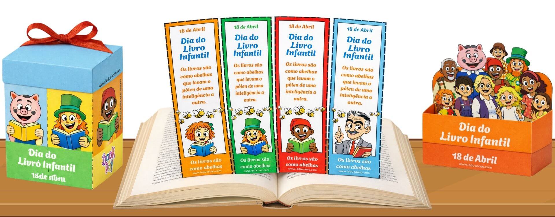 Dia do Livro Infantil 2026 com Kit Monteiro Lobato para Imprimir Lembrancinhas Para o Dia do Livro Infantil Com molde de caixinhas, marcadores de páginas e porta-chocolates com os personagens do Sítio do Pica-Pau Amarelo